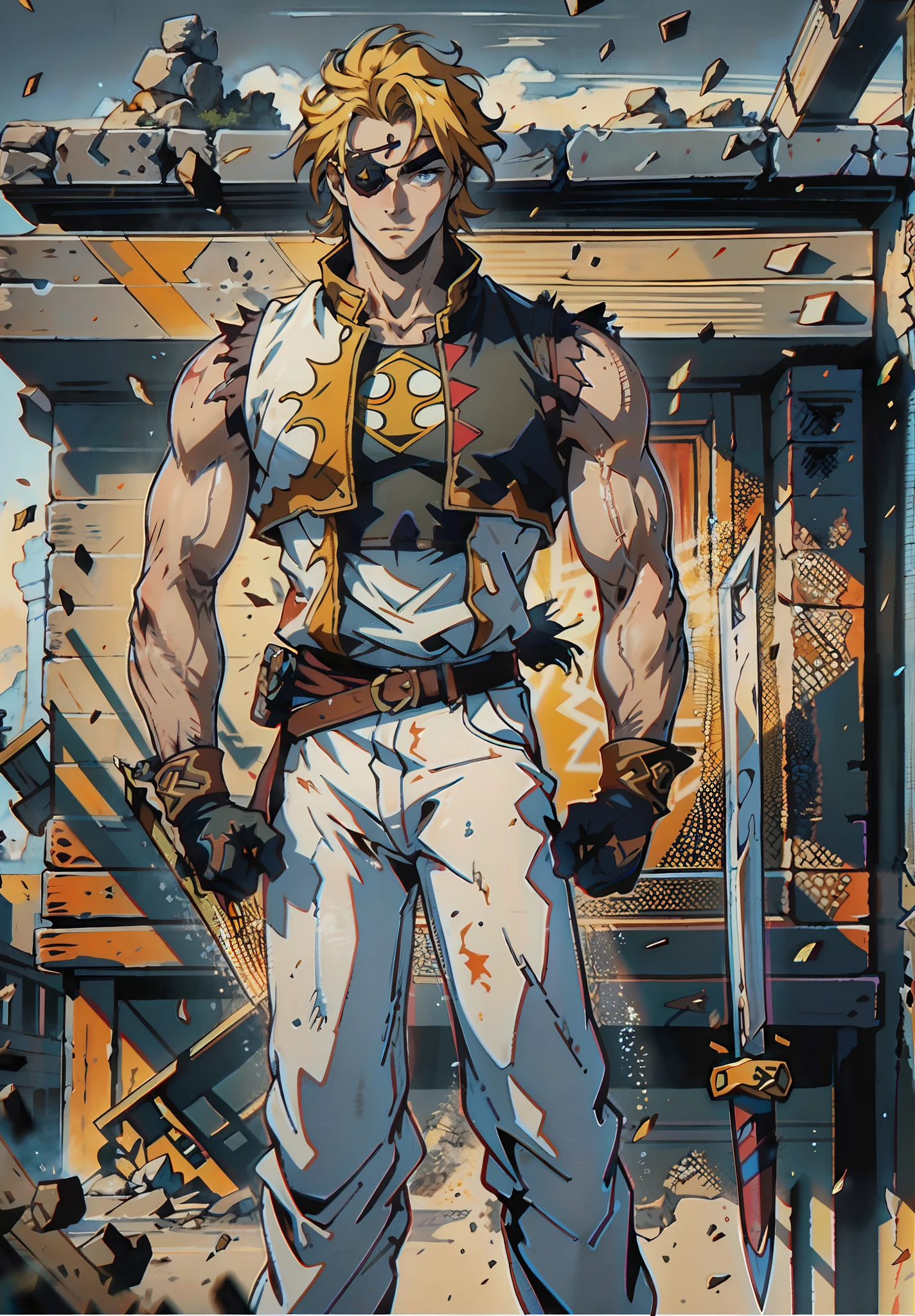 A young man with short golden hair, hair standing upright, right-eyepatch, a serious expression, a deep gaze, well-defined facial features, a two-piece sleeveless vest in a fantasy-modern style, color scheme primarily features shades of orange-red, with yellow and blue as secondary colors, wears gloves, loose-fitting utility pants, a long straight sword with a demon face decoration, the background depicts a cracked land, with rubble floating in the air, this character embodies a finely crafted fantasy-realism style one-eyed warrior in anime style, characterized by an exquisite and mature manga illustration art style, ghigh definition, best quality, highres, ultra-detailed, ultra-fine painting, extremely delicate, professional, anatomically correct, symmetrical face, extremely detailed eyes and face, high quality eyes, creativity, RAW photo, UHD, 8k, Natural light, cinematic lighting, masterpiece:1.5