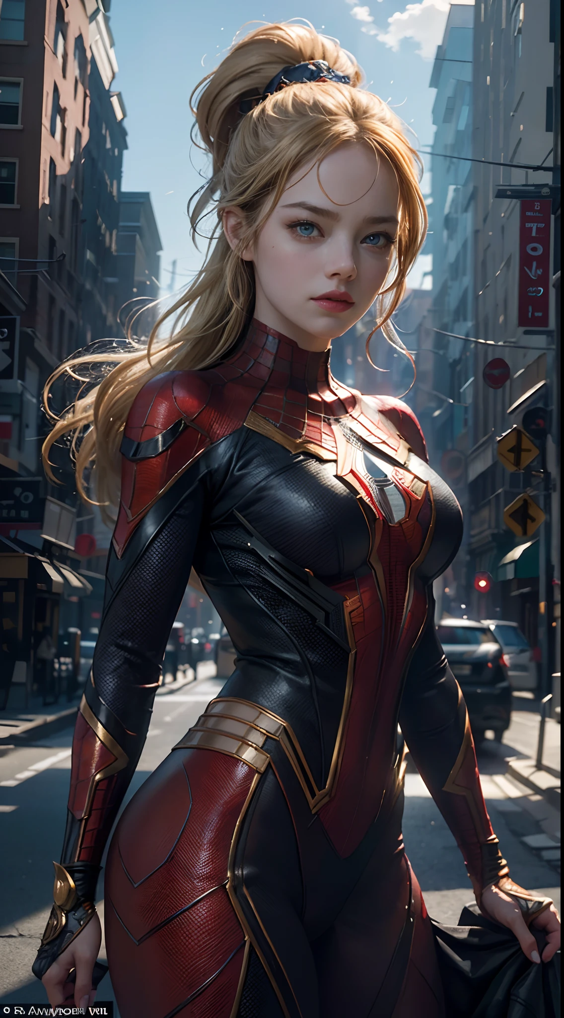 1girl, Emma Stone as spiderman (from marvel studios), dynamic pose, look at viewer, (masterpiece, best quality, detailed skin texture, detailed cloth texture, beautiful detailed face, intricate details, ultra detailed), Ponytail, blonde hair, dynamic pose, (on top of the building), (Best quality, A high resolution, Photorealistic, primitive, 8K,Masterpiece, ),Best quality, Masterpiec8K.hdr. High ribs:1.2, filmgrain, Blur bokeh:1.2, Lens flare, (vivd colour:1.2), (Delicate),