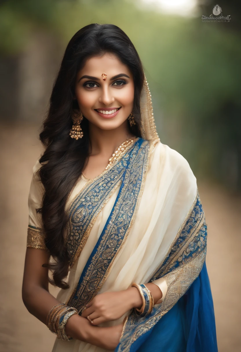 there is a woman that is holding a blue and white scarf, with lovely look, traditional beauty, with a beautifull smile, very very low quality picture, beuatiful face, candid picture, with accurate face, indian, indian girl with white skin, very beautiful girl, candid photograph, cute photo, very very very beautifull face, beutiful face