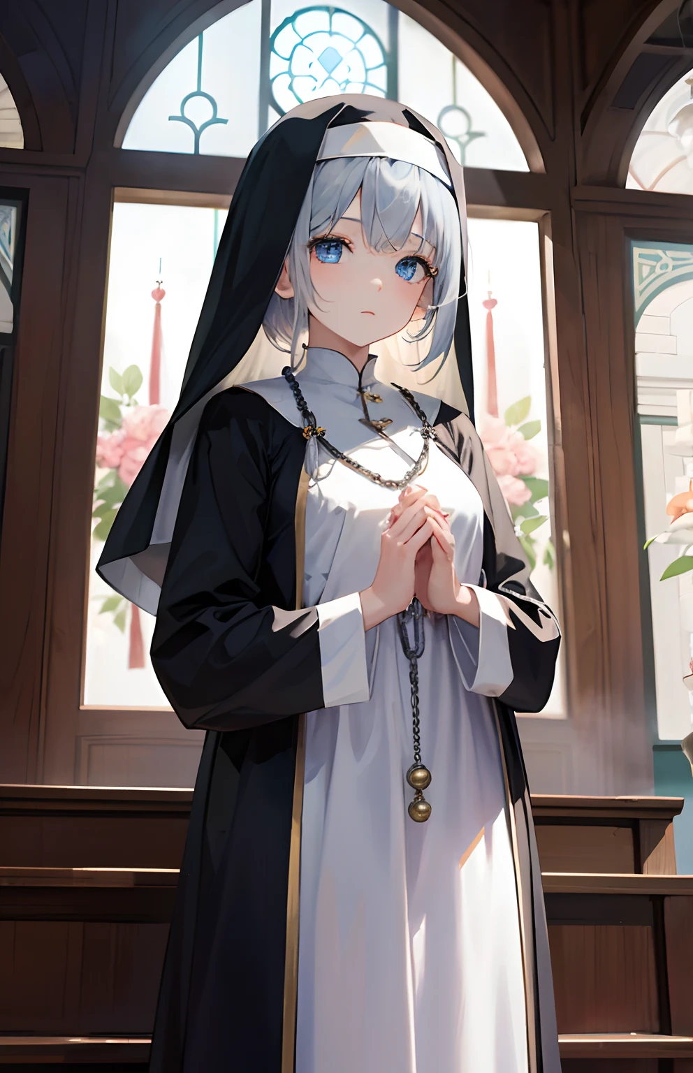 masterpiece,Top image quality,hight resolution,imagem 4k,Raw photo,Photorealsitic,{Solo},teens girl,silber hair,hime-cut,stare at each other,Blue eyes,小柄,,prayer beads,chies,nun clothes,,boyish,Cultivated woman,