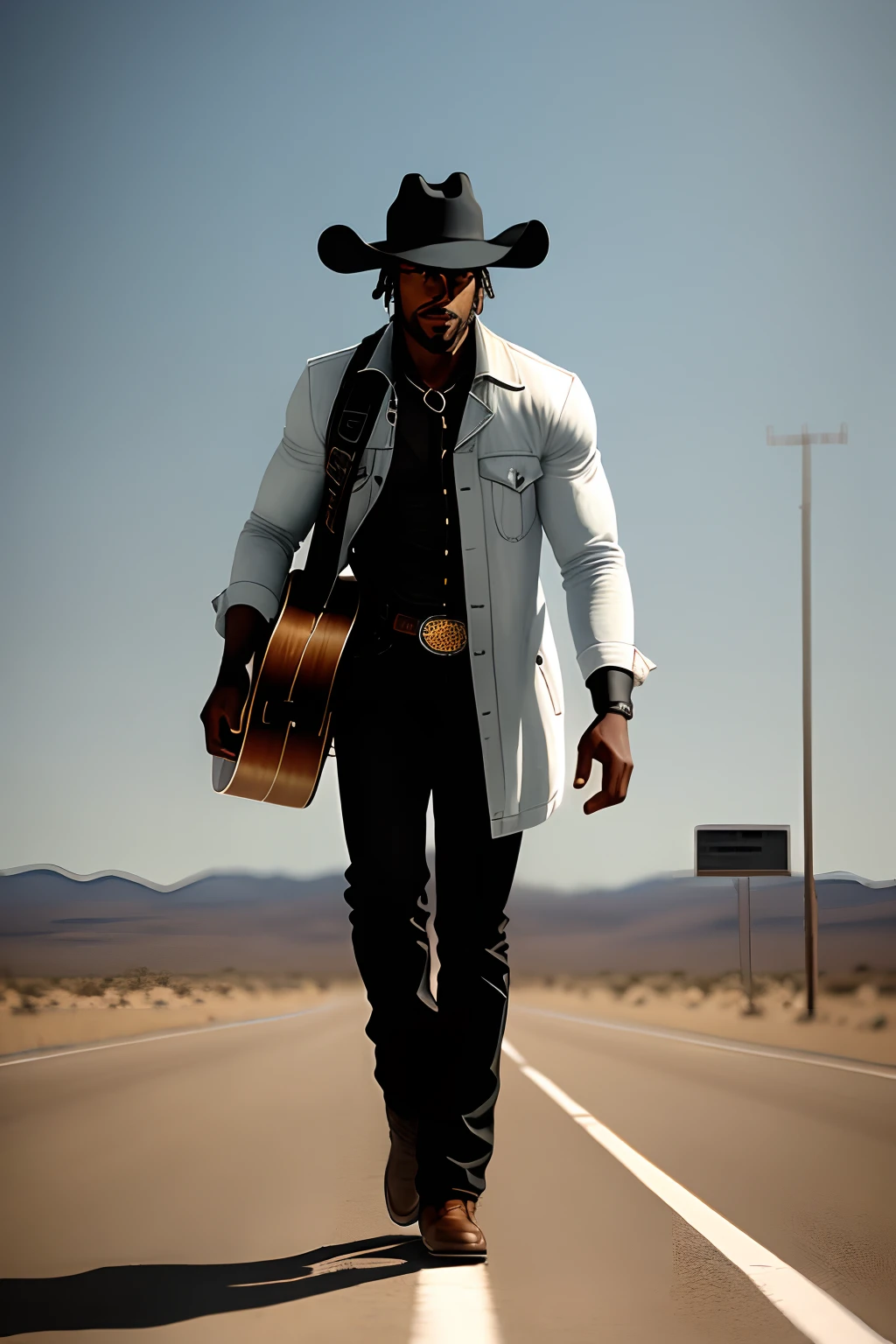 Black man, wearing a duster in a cowboy hat with a guitar on his back walking down a desolate Highway