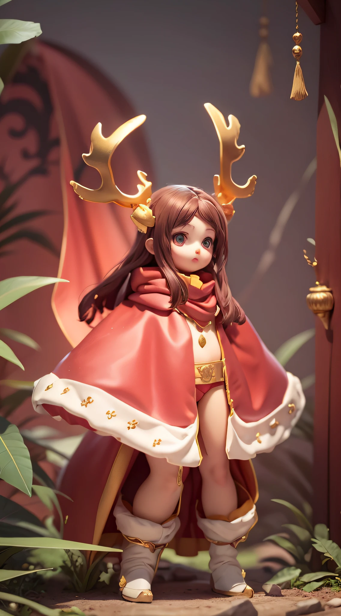 a close up of a person in a costume with antlers on, mage robe based on a toucan, red hooded mage, gold and white cloak, wearing cultist red robe, wearing red sorcerer's robes, long torn red cape, red cape, ancient antler deity, a red cape, ornate cloak, red cloak, wearing a crown made of antlers, Cute girl with one head, chibi style, red outfit