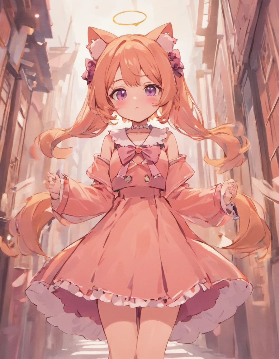 Costume planning theme autumn and winter return to dust,Style: Urban simplicity, Old money style, Reference brand TEME 2023. Moya Seoul 2023 colors: Peach, Amber brown, Orange-yellow details: The top is smart, Cotton, Silk, Fleece, Full body front design,Anime girl with long hair and pink dress with cat ears, Anime moe art style, anime visual of a cute girl, small curvaceous loli, cute anime waifu in a nice dress, loli in dress, Cute anime girl, Marin Kitagawa fanart, cute kawaii girls, shirabii, up of young anime girl, shuushuu anime image,Big purple eyes,Pink dress,is a little loli in 。