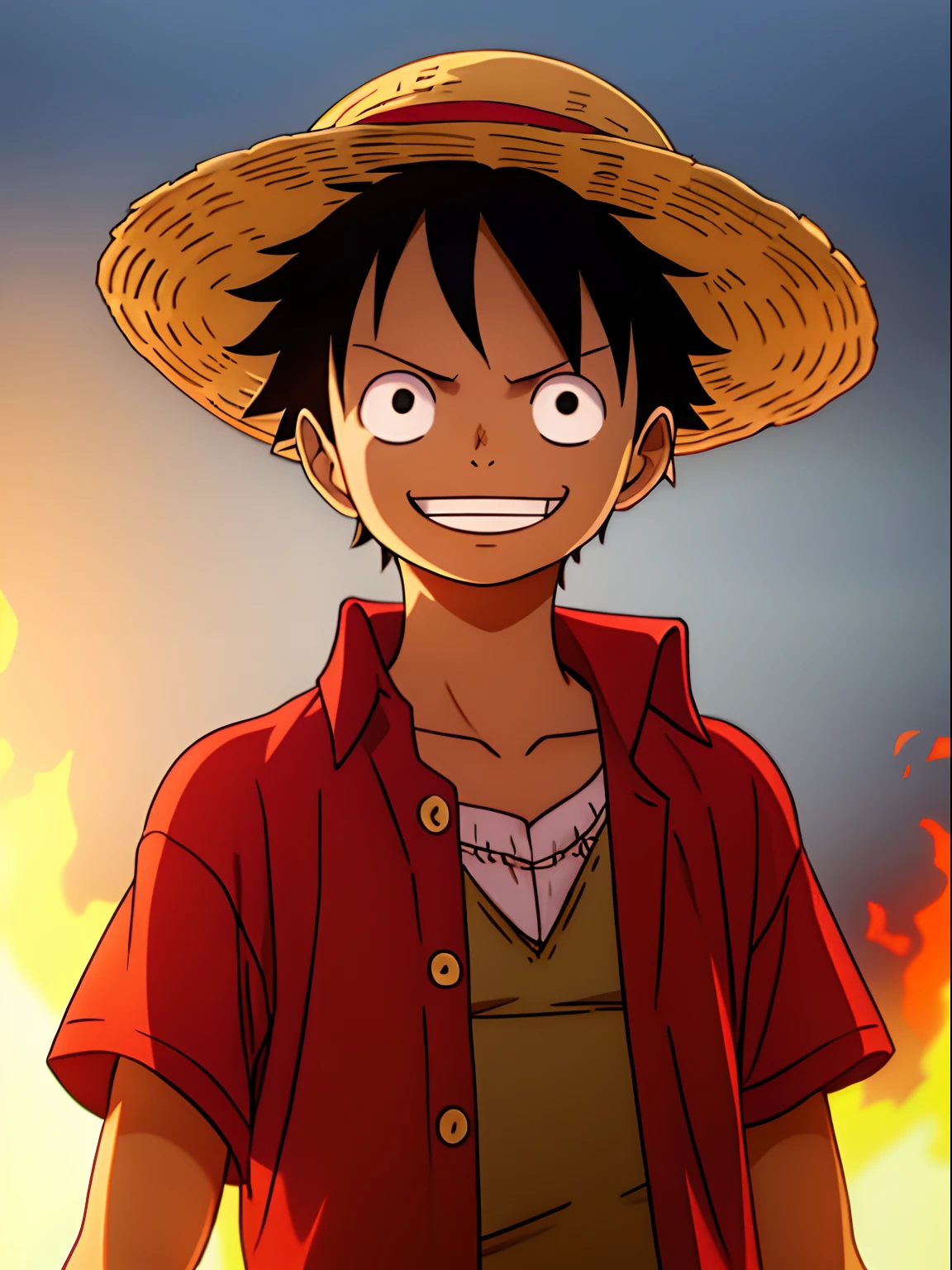 1boy, wanostyle, monkey d luffy, smiling, straw hat, looking at viewer, solo, upper body, ((masterpiece)), (best quality), (extremely detailed), depth of field, sketch, dark intense shadows, sharp focus, soft lighting, hdr, colorful, good composition, fire all around, spectacular, closed shirt, anime screencap, scar under eye, ready to fight, black eyes