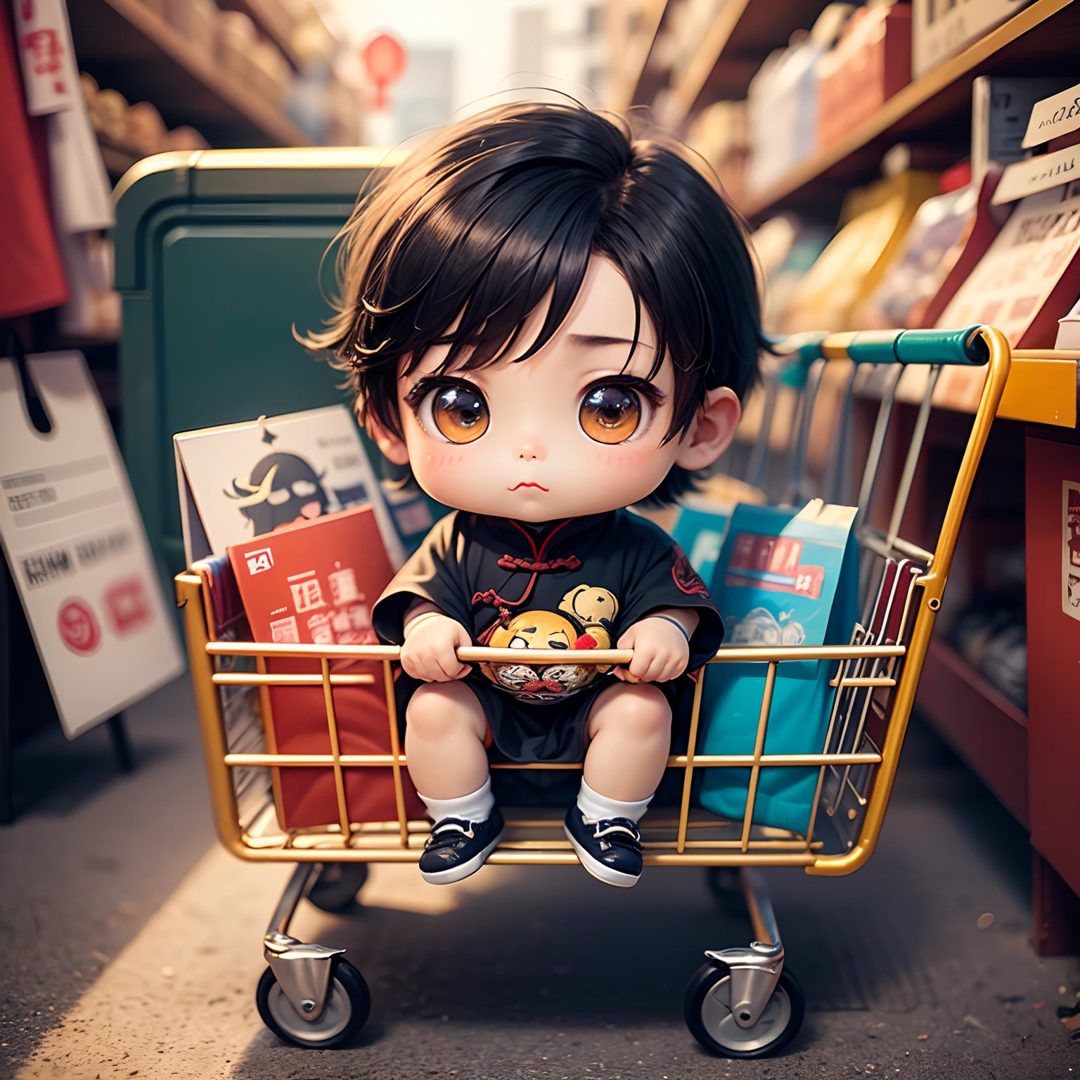 ​masterpiece、top-quality、ultra-detailliert、(Chibi Chara Ancient Chinese Boy:1.2)、Sit in shopping cart、Baldwin Street。