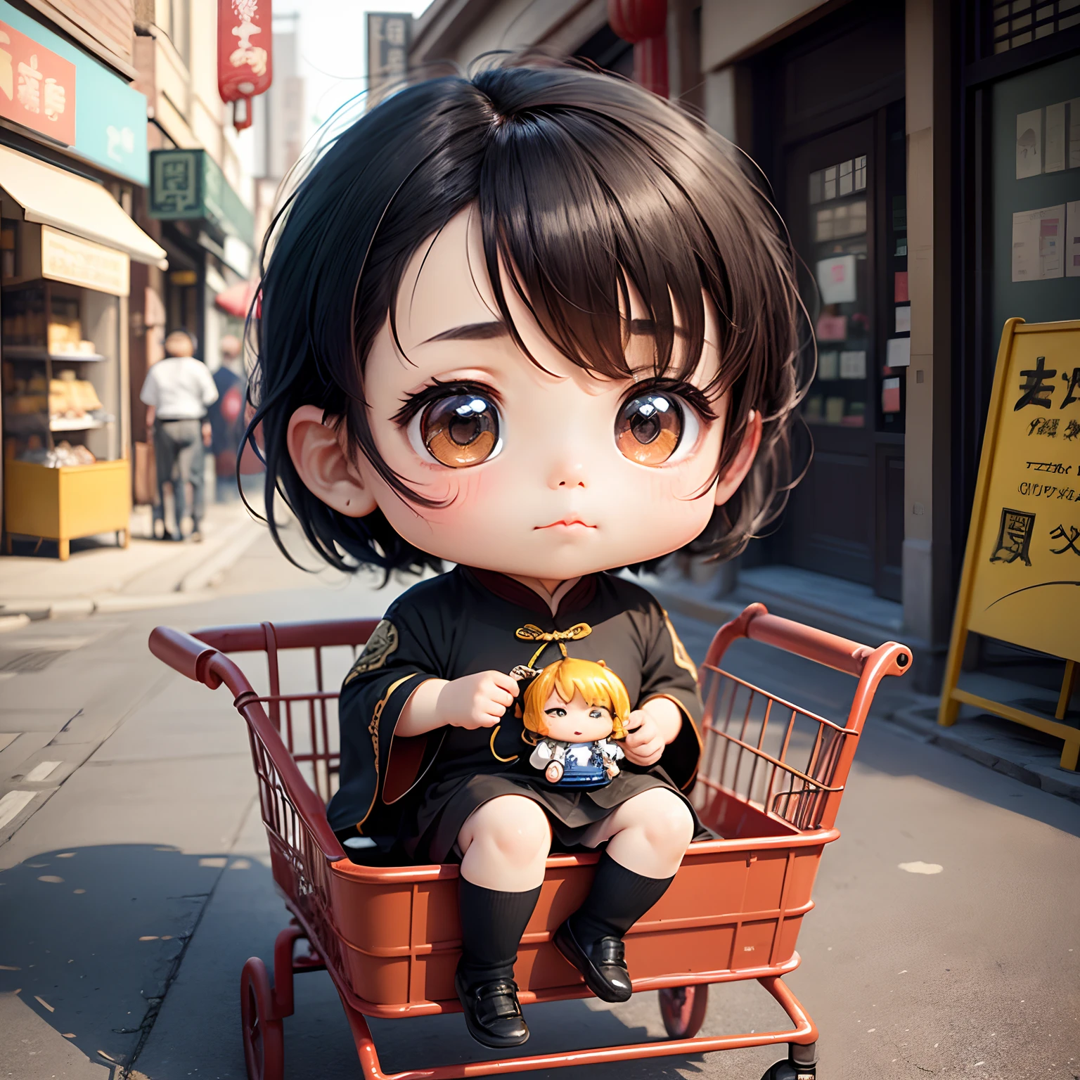 ​masterpiece、top-quality、ultra-detailliert、(Chibi Chara Ancient Chinese Boy:1.2)、Sit in shopping cart、Baldwin Street。