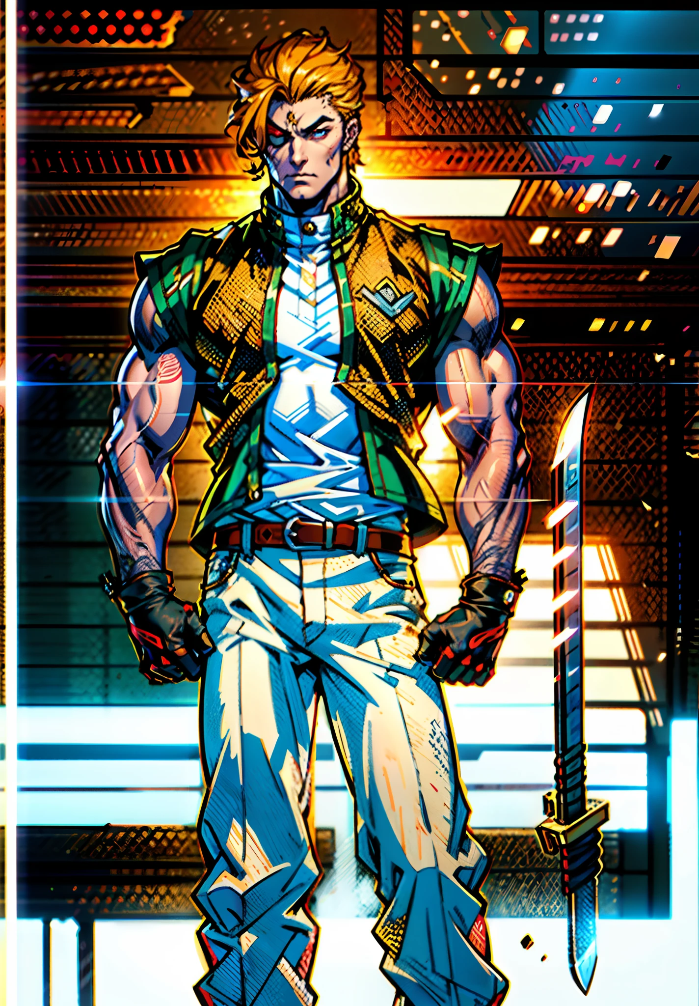 A young man with short golden hair, hair standing upright, right-eyepatch, a serious expression, a deep gaze, well-defined facial features, a two-piece sleeveless vest in a fantasy-modern style, color scheme primarily features shades of orange-red, with yellow and blue as secondary colors, wears gloves, loose-fitting utility pants, a long straight sword with a demon face decoration, the background depicts a cracked land, with rubble floating in the air, this character embodies a finely crafted fantasy-realism style one-eyed warrior in anime style, characterized by an exquisite and mature manga illustration art style, ghigh definition, best quality, highres, ultra-detailed, ultra-fine painting, extremely delicate, professional, anatomically correct, symmetrical face, extremely detailed eyes and face, high quality eyes, creativity, RAW photo, UHD, 8k, Natural light, cinematic lighting, masterpiece:1.5