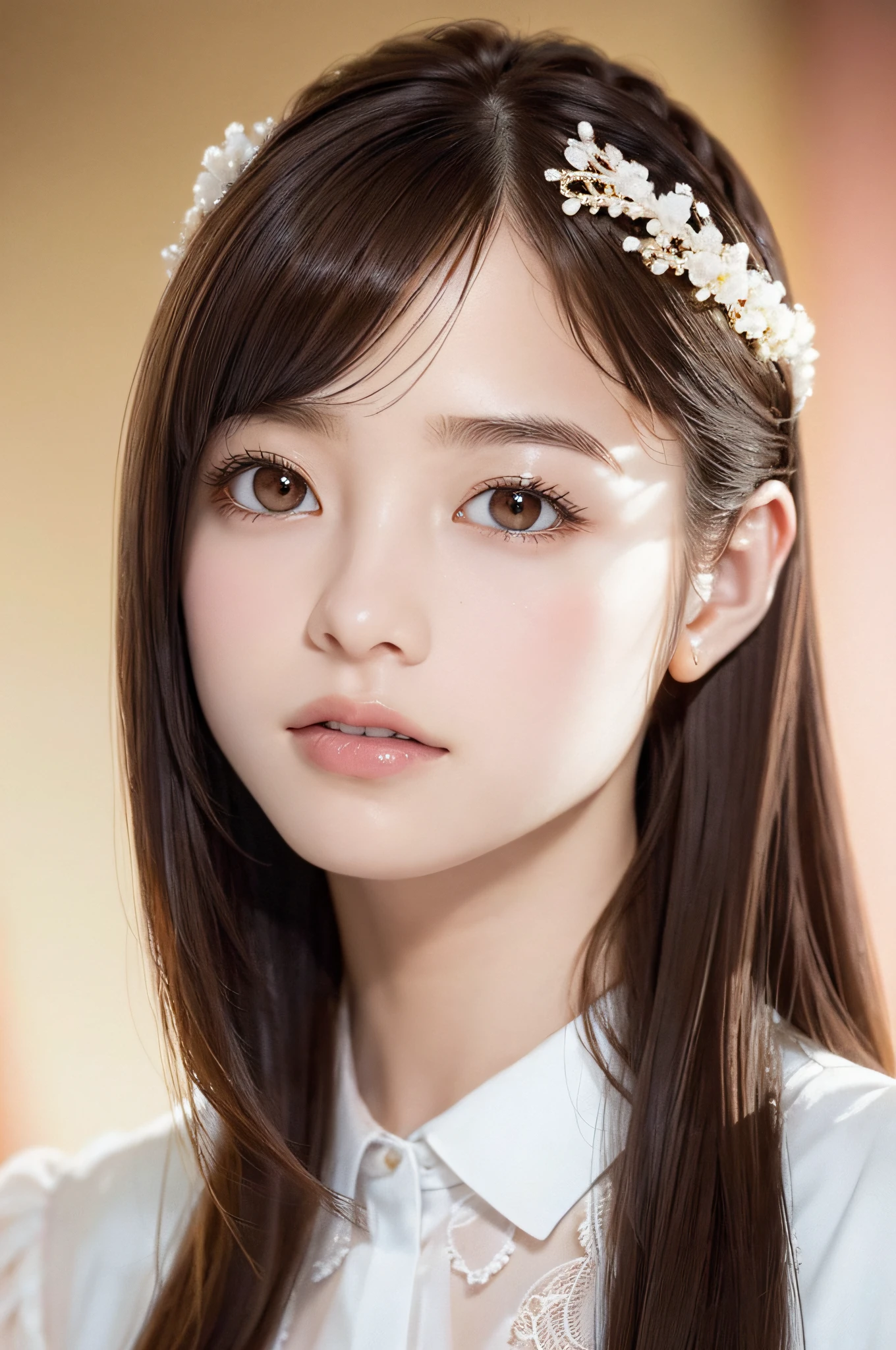 (masutepiece:1.3), High resolution, ultra-detailliert, the Extremely Detailed CG Unity 8K Wallpapers, Realistic, Photorealsitic, Raw photo, beautifull detailed face, pale skin, realistic glistening skin, Detailed Cloth Texture, detailed hair texture, Perfect body, Beautiful face, acurate, Anatomically correct, Highly detailed face and skin texture, Natural neck length, (Fair skin:1.2), thin legs, Thin feet, (Aligned teeth:1.1), Sweaty skin, BREAK, Detailed eyes, symmetrical eye, Light brown eyes, Double eyelids, Thin eyebrows, (Sleepy eyes:1.1), (Glossy lips:1.4), (Mouth waiting for a kiss:1.2), (blush:1.2), (Small hair accessories that sparkle:1.1), BREAK, (classy girl:1.3), (Wearing (doress:1.2) With a white floral pattern), BREAK, ((Close Up Shot:1.2)), medium breasts, Slender figure, Firm abs, ((up do hairstyle, Dark blonde hair, Wavy Hair, Long hair:1.1)), ((asymmetric bangs:1.2)),