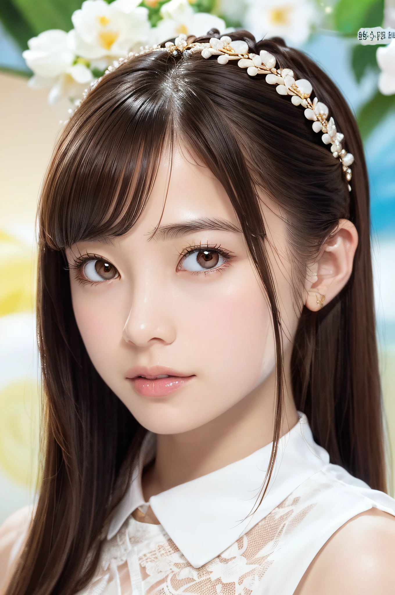 (masutepiece:1.3), High resolution, ultra-detailliert, the Extremely Detailed CG Unity 8K Wallpapers, Realistic, Photorealsitic, Raw photo, beautifull detailed face, pale skin, realistic glistening skin, Detailed Cloth Texture, detailed hair texture, Perfect body, Beautiful face, acurate, Anatomically correct, Highly detailed face and skin texture, Natural neck length, (Fair skin:1.2), thin legs, Thin feet, (Aligned teeth:1.1), Sweaty skin, BREAK, Detailed eyes, symmetrical eye, Light brown eyes, Double eyelids, Thin eyebrows, (Sleepy eyes:1.1), (Glossy lips:1.4), (Mouth waiting for a kiss:1.2), (blush:1.2), (Small hair accessories that sparkle:1.1), BREAK, (classy girl:1.3), (Wearing (doress:1.2) With a white floral pattern), BREAK, ((Close Up Shot:1.2)), medium breasts, Slender figure, Firm abs, ((up do hairstyle, Dark blonde hair, Wavy Hair, Long hair:1.1)), ((asymmetric bangs:1.2)),