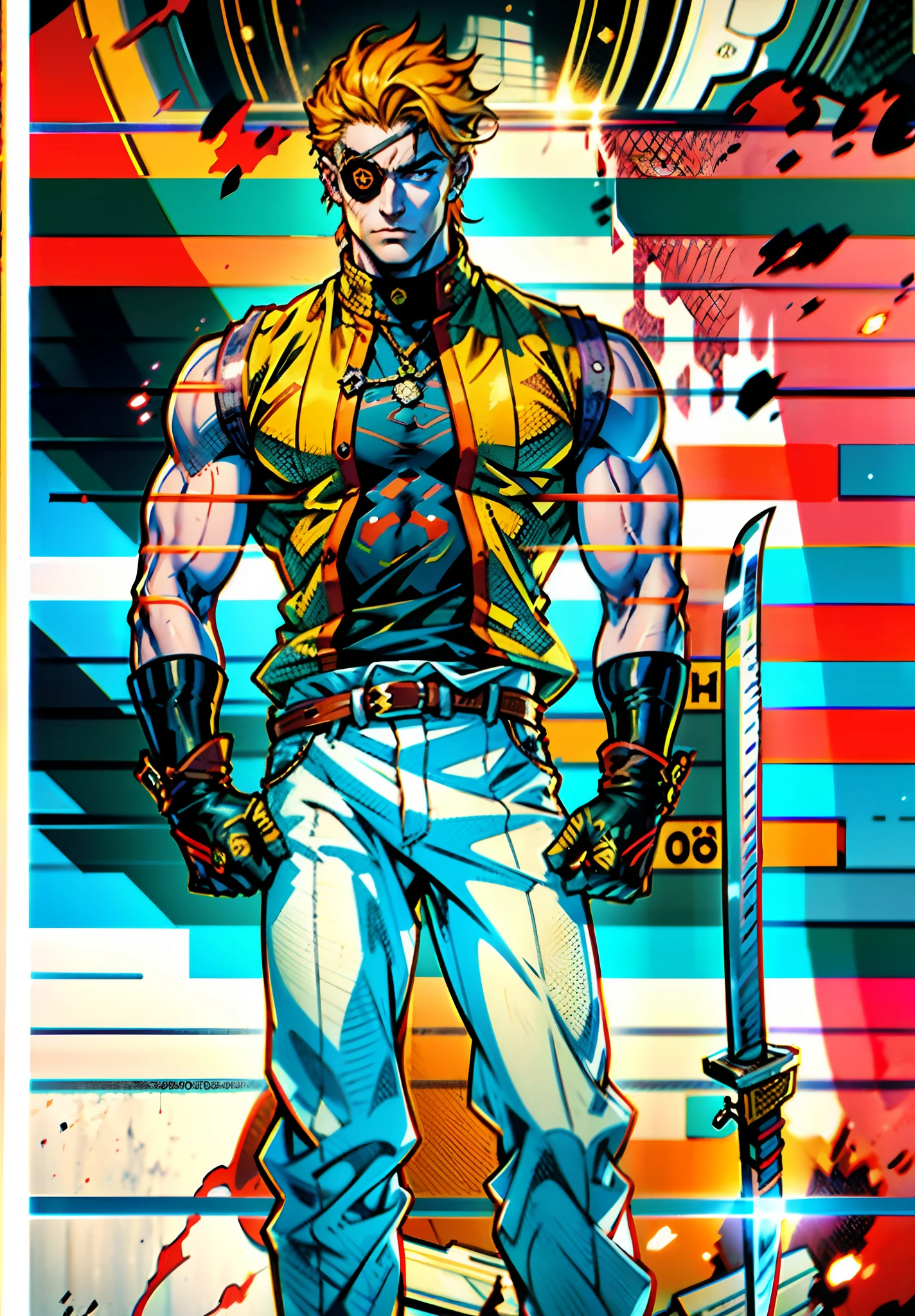 A young man with short golden hair, hair standing upright, right-eyepatch, a serious expression, a deep gaze, well-defined facial features, a two-piece sleeveless vest in a fantasy-modern style, color scheme primarily features shades of orange-red, with yellow and blue as secondary colors, wears gloves, loose-fitting utility pants, a long straight sword with a demon face decoration, the background depicts a cracked land, with rubble floating in the air, this character embodies a finely crafted fantasy-realism style one-eyed warrior in anime style, characterized by an exquisite and mature manga illustration art style, ghigh definition, best quality, highres, ultra-detailed, ultra-fine painting, extremely delicate, professional, anatomically correct, symmetrical face, extremely detailed eyes and face, high quality eyes, creativity, RAW photo, UHD, 8k, Natural light, cinematic lighting, masterpiece:1.5