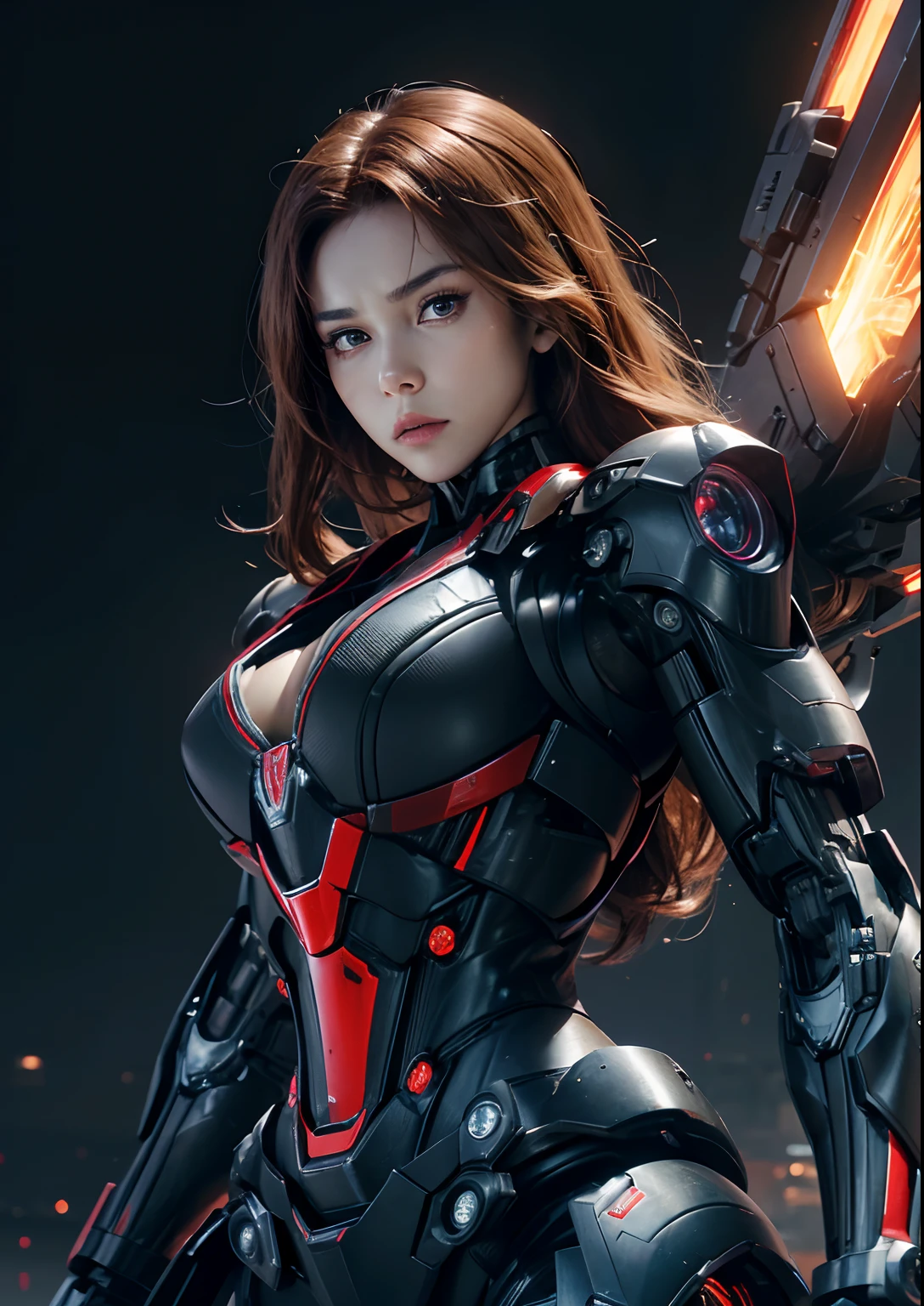 Textured skin, Super Detail, high details, High quality, Best Quality, hight resolution, 1080p, hard disk, Beautiful,(War Machine),(Black widow),beautiful cyborg woman,Mecha Cyborg Girl,Battle Mode,Girl with a Mecha Body,She wears a futuristic war machine weapon mech,Fulll body Shot