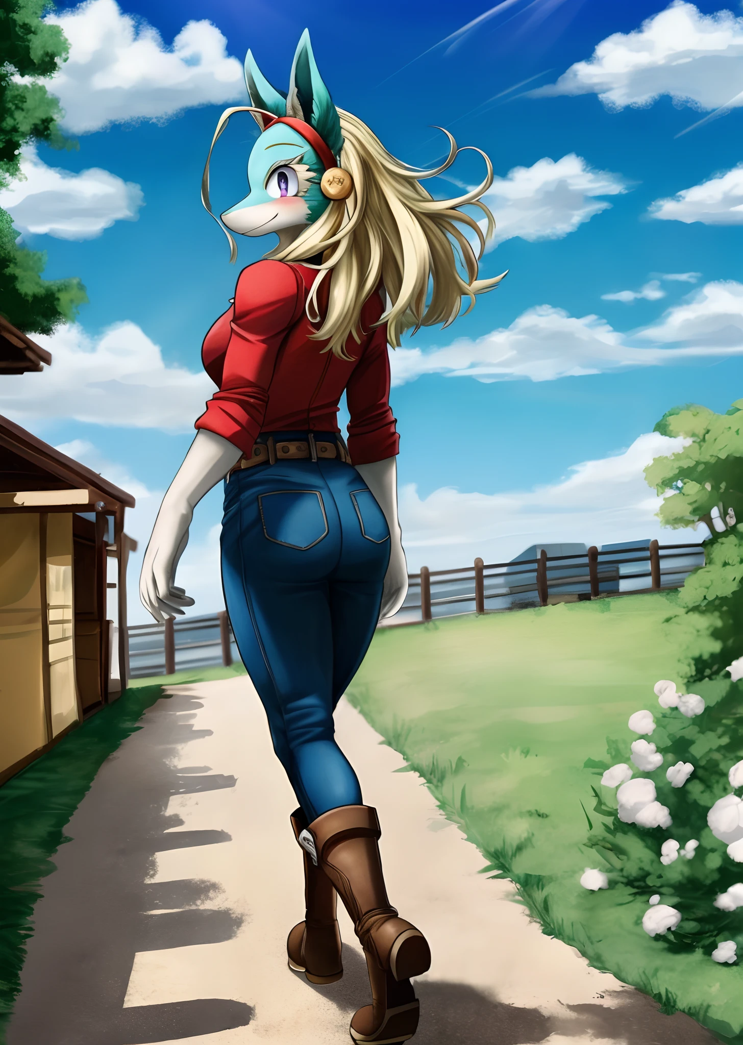 [ippan_josei], [Boku no hero academia], ((masterpiece)), ((HD)), ((high quality)), ((solo portrait)), ((back view)), ((full body)), ((shoes visible)), ((furry)), ((anime)), ((detailed shading)), ((intricate details)), {anthro; (cyan fur), (long bleach-blonde hair), (big cute purple eyes), (short white eyelashes), (beautiful defined legs), (cute smile), (blushing)}, {(tight button-up red shirt), (tight black jeans), (red headband), (brown cowboy boots)}, {(walking), (looking back)}, [Background; (park), (blue sky), (sun rays)]