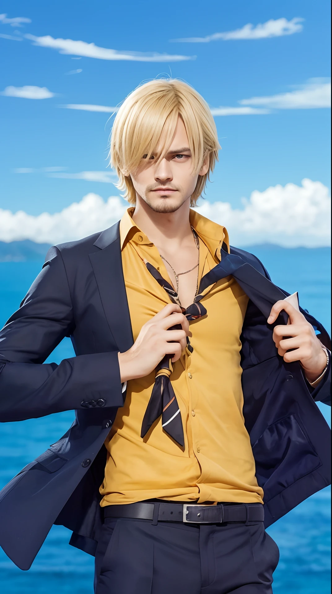 a young man with a thin but sturdy build, long legs and blonde hair. Sanji's characteristic is his blonde hair that flows down his face to cover one eye. His hair style shows his left eye while covering his right eye. Another characteristic is that the eyebrows are spiral shaped, but each eyebrow has a different tip. The right eyebrow forms a spiral at the tip while the left eyebrow forms a spiral at the base. Sanji's dressing style is similar to that of an office person. In general he wears a black suit with a shirt and tie of various colors; usually orange, blue or black, with or without pinstripes and black office shoes. He also sports a thin beard that is neatly arranged from below his lip. His neck looked stronger and he wore a black suit