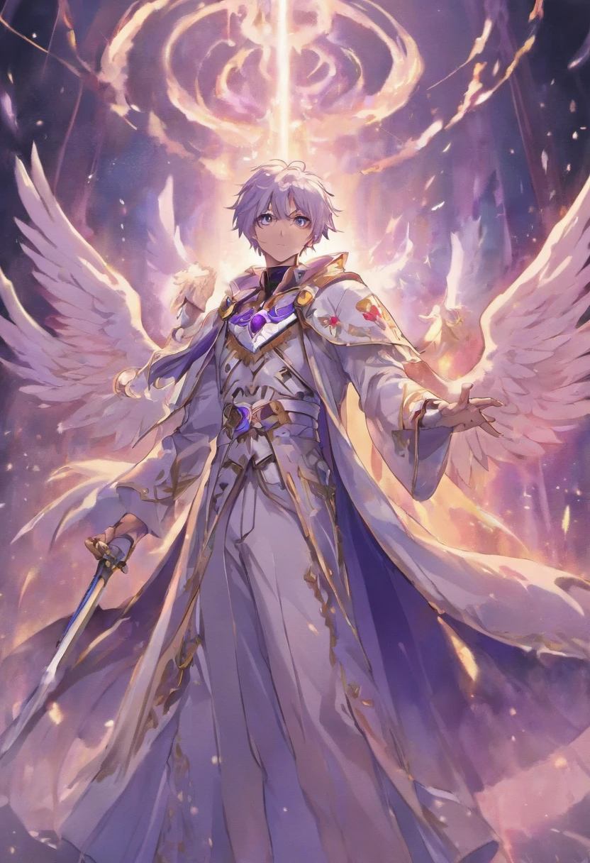 Black military uniform,white robes,Purple-eyed silver-haired male angel