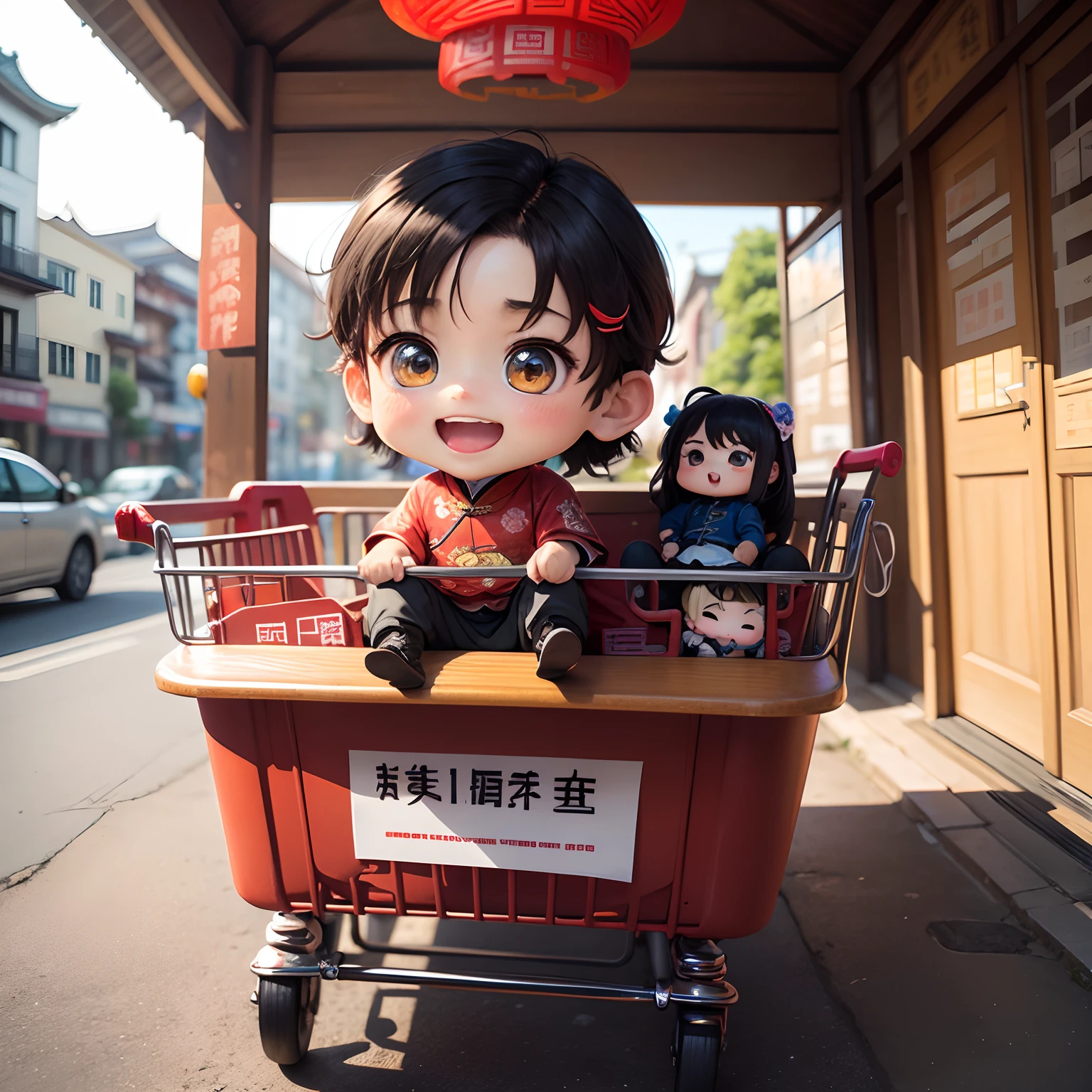​masterpiece、top-quality、ultra-detailliert、(Chibi Chara Ancient Chinese Boy:1.2)、Sit in shopping cart、Open your mouth and smile、Baldwin Street。