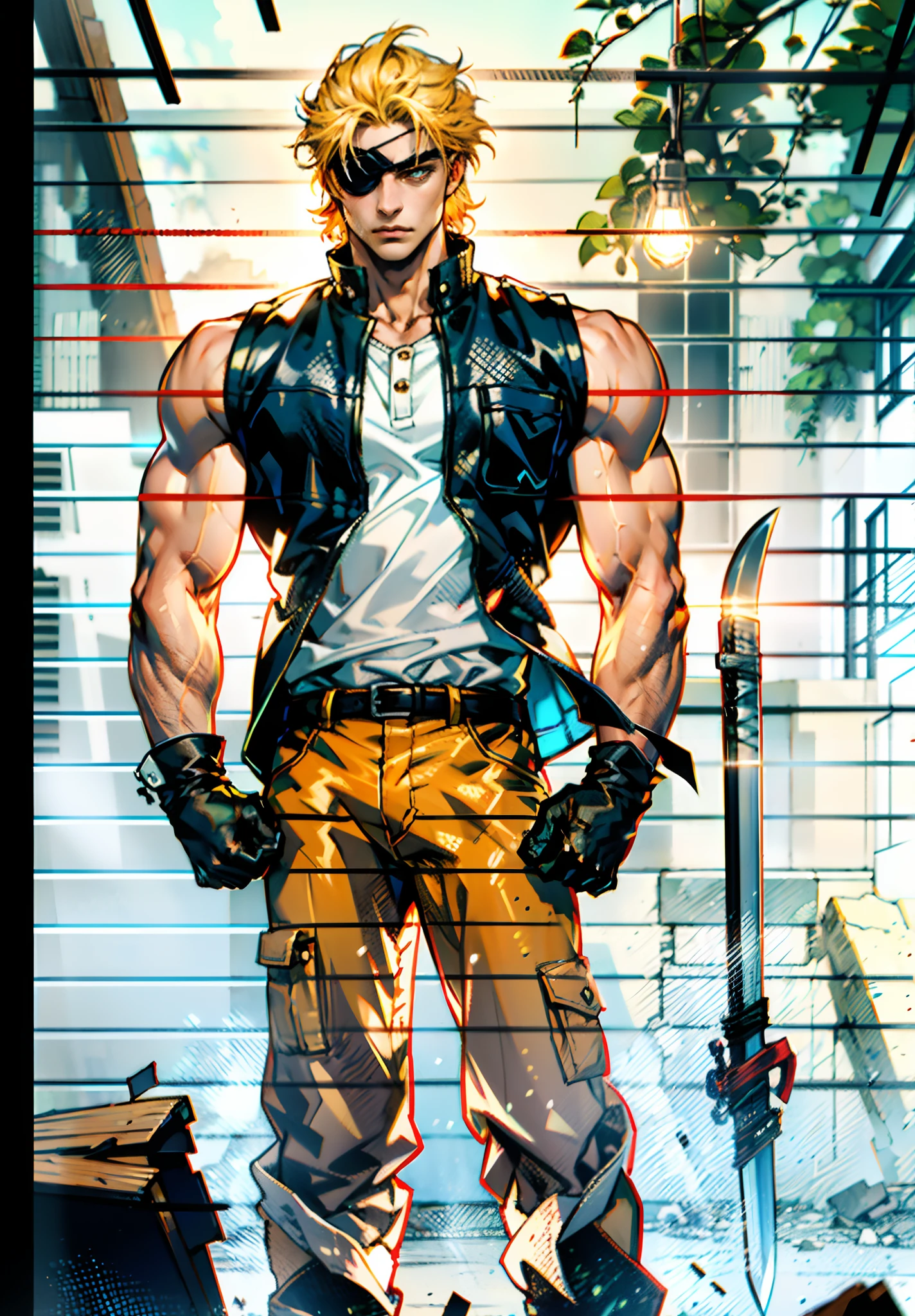 A young man with short golden hair, hair standing upright, right-eyepatch, a serious expression, a deep gaze, well-defined facial features, a two-piece sleeveless vest in a fantasy-modern style, color scheme primarily features shades of orange-red, with yellow and blue as secondary colors, wears gloves, loose-fitting utility pants, a long straight sword with a demon face decoration, the background depicts a cracked land, with rubble floating in the air, this character embodies a finely crafted fantasy-realism style one-eyed warrior in anime style, characterized by an exquisite and mature manga illustration art style, ghigh definition, best quality, highres, ultra-detailed, ultra-fine painting, extremely delicate, professional, anatomically correct, symmetrical face, extremely detailed eyes and face, high quality eyes, creativity, RAW photo, UHD, 8k, Natural light, cinematic lighting, masterpiece:1.5