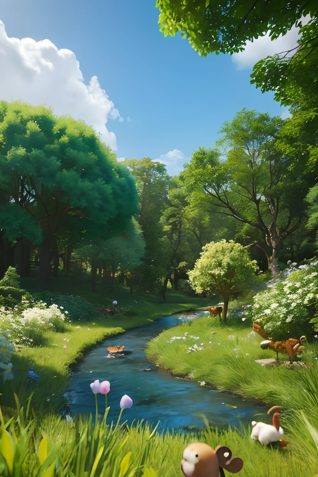 A dense forest,with blue sky and white clouds,A winding path leads to the end of the woods,There are a lot of cute little animals and elves playing in the forest,There is a clear stream next to the grass。down view,中景 the scene is,Close-up,The picture is consistent,Animation style