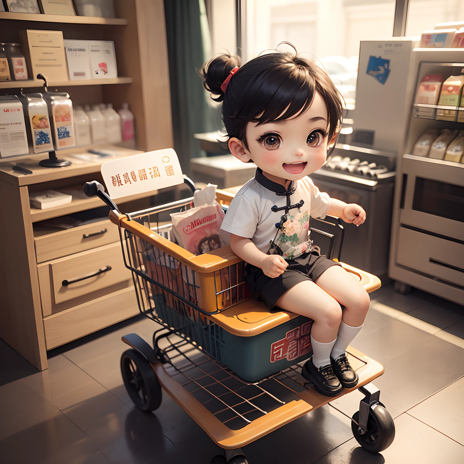 masterpiece、top-quality、ultra-detailliert、(Chibi Chara Ancient Chinese Boy:1.2)、Sit in shopping cart、Open your mouth and smile、Baldwin Street。
