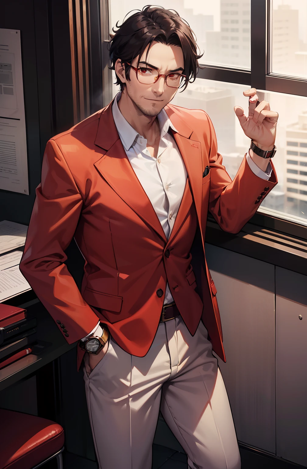 A 40-year-old man，Wearing a crimson blazer，White shirt, Dark red suit pants, Brown leather shoes, A gold watch is worn on one wrist，Wearing glasses，A treacherous and evil smile appeared, Stand by the window of a senior office.