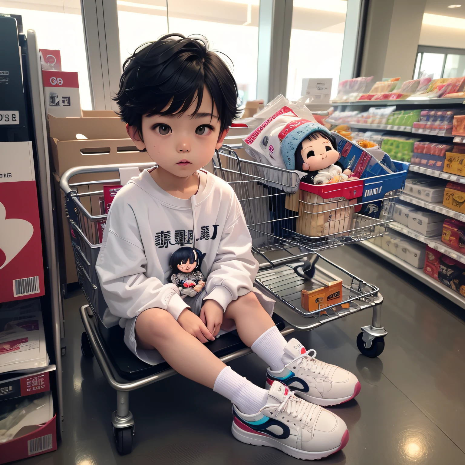 tmasterpiece、top-quality、ultra - detailed、(Chibi Chara Chinese boy:1.2)、Sit in the shopping cart、Sweatshirt,athletic sneakers,white legwear, Black hair,