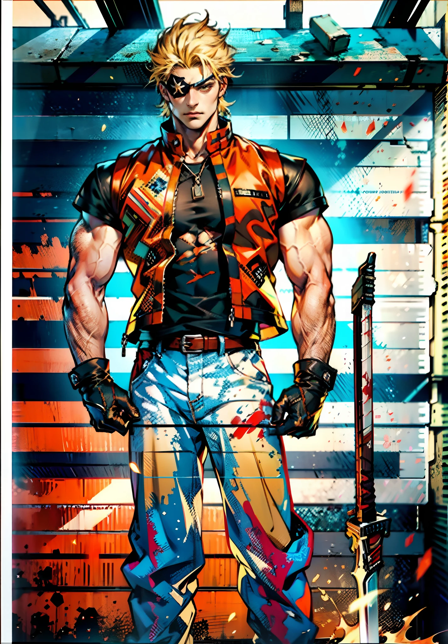 A young man with short golden hair, hair standing upright, right-eyepatch, a serious expression, a deep gaze, well-defined facial features, a two-piece sleeveless vest in a fantasy-modern style, color scheme primarily features shades of orange-red, with yellow and blue as secondary colors, wears gloves, loose-fitting utility pants, a long straight sword with a demon face decoration, the background depicts a cracked land, with rubble floating in the air, this character embodies a finely crafted fantasy-realism style one-eyed warrior in anime style, characterized by an exquisite and mature manga illustration art style, ghigh definition, best quality, highres, ultra-detailed, ultra-fine painting, extremely delicate, professional, anatomically correct, symmetrical face, extremely detailed eyes and face, high quality eyes, creativity, RAW photo, UHD, 8k, Natural light, cinematic lighting, masterpiece:1.5