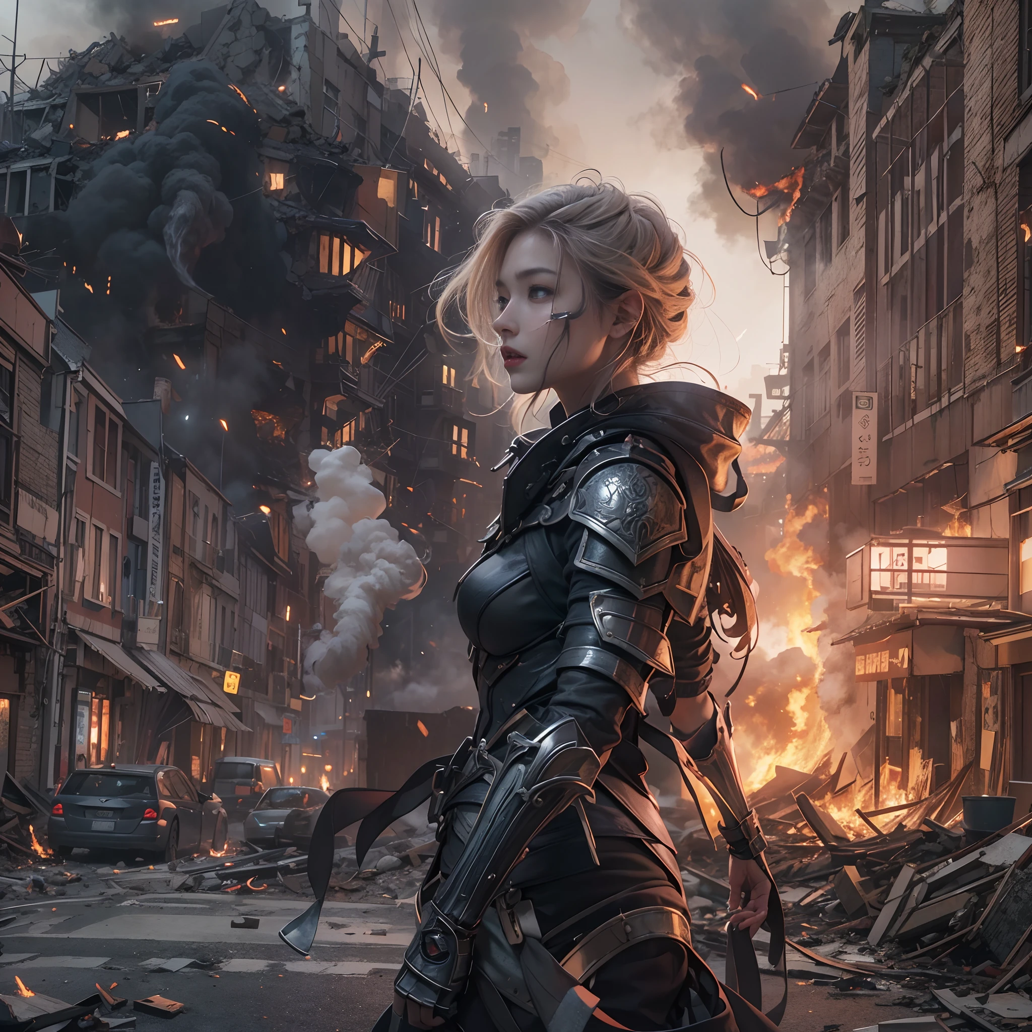 8k, top-quality, (pubic hair beauty)、hight resolution, realisticlying, realperson, A hero wearing glowing armor fighting black smoke and assimilated monsters、The hero is a woman in a building street where fire and smoke rise、The building is collapsing