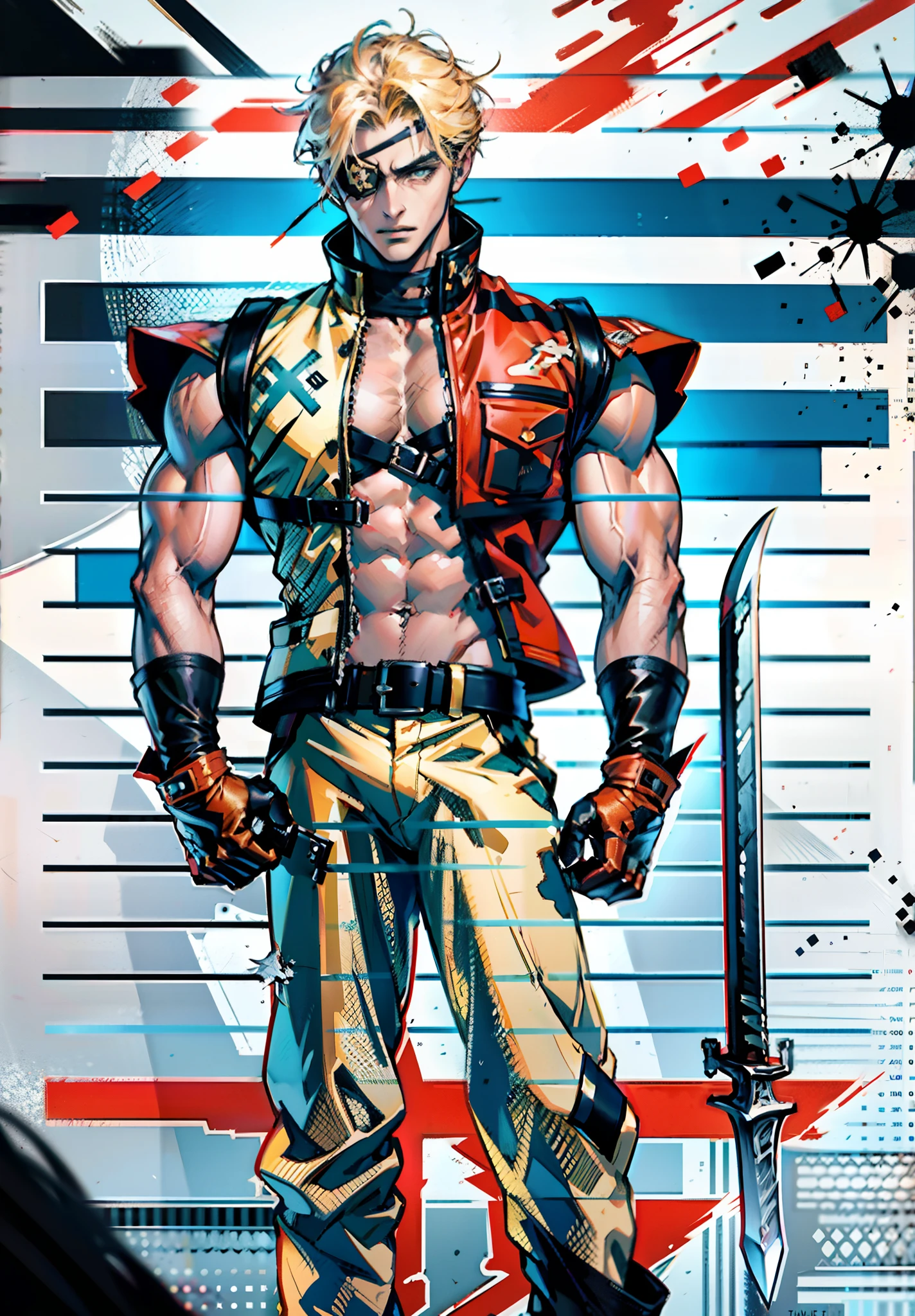 A young man with short golden hair, hair standing upright, right-eyepatch, a serious expression, a deep gaze, well-defined facial features, a two-piece sleeveless vest in a fantasy-modern style, color scheme primarily features shades of orange-red, with yellow and blue as secondary colors, wears gloves, loose-fitting utility pants, a long straight sword with a demon face decoration, the background depicts a cracked land, with rubble floating in the air, this character embodies a finely crafted fantasy-realism style one-eyed warrior in anime style, characterized by an exquisite and mature manga illustration art style, ghigh definition, best quality, highres, ultra-detailed, ultra-fine painting, extremely delicate, professional, anatomically correct, symmetrical face, extremely detailed eyes and face, high quality eyes, creativity, RAW photo, UHD, 8k, Natural light, cinematic lighting, masterpiece:1.5