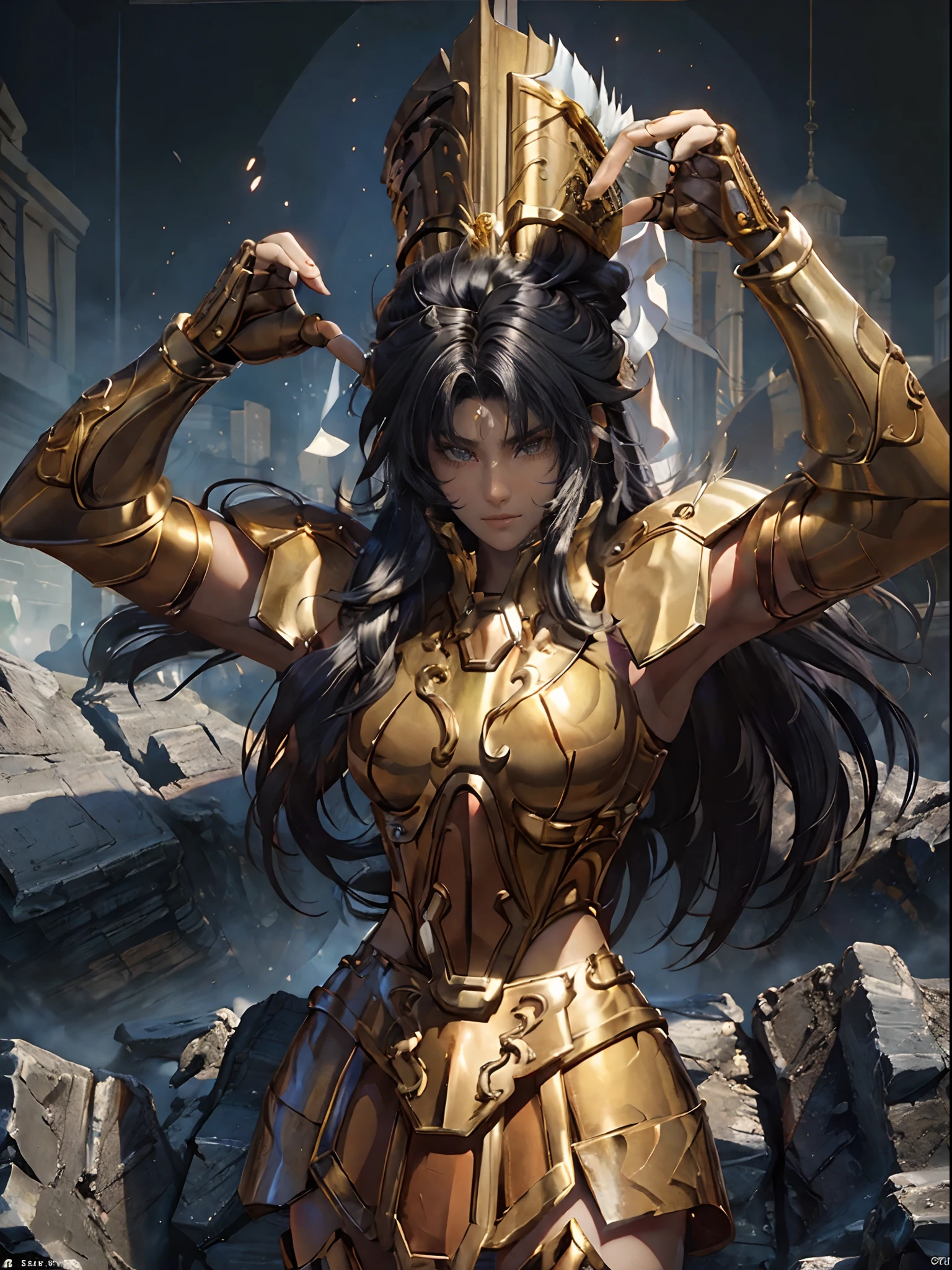 (((of the highest quality: 1.4))),(unparalleled masterpiece ever), (Ultra high definition),(Ultra realistic 8K CG), (((adult body))), (((1girl in))), ((( Long hair ))), Colossal tits, Gladiators with perfect bodies,,Beautiful and well-groomed face,muscular body:1.4,Detailed breastplate, gauntlets、is standing, (Image from head to thigh),(( blac hair, Beautiful hairstyle )),, Simon Bisley's urban savage style,Detailed ancient Roman background,Clean abs, Complex equipment, Brewster、Black Stripe,,,,s Armor, Poison tattoo