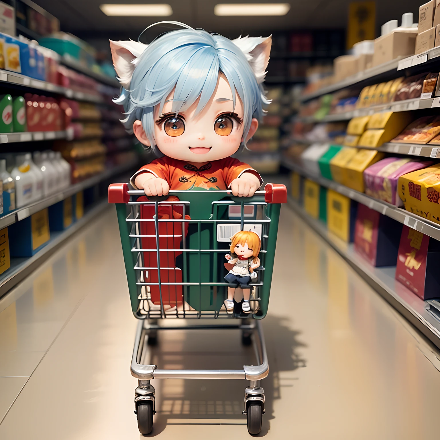 masterpiece、top-quality、ultra-detailliert、(Chibi Chara Ancient Chinese Boy:1.2)、Sit in shopping cart、Open your mouth and smile、Baldwin Street。