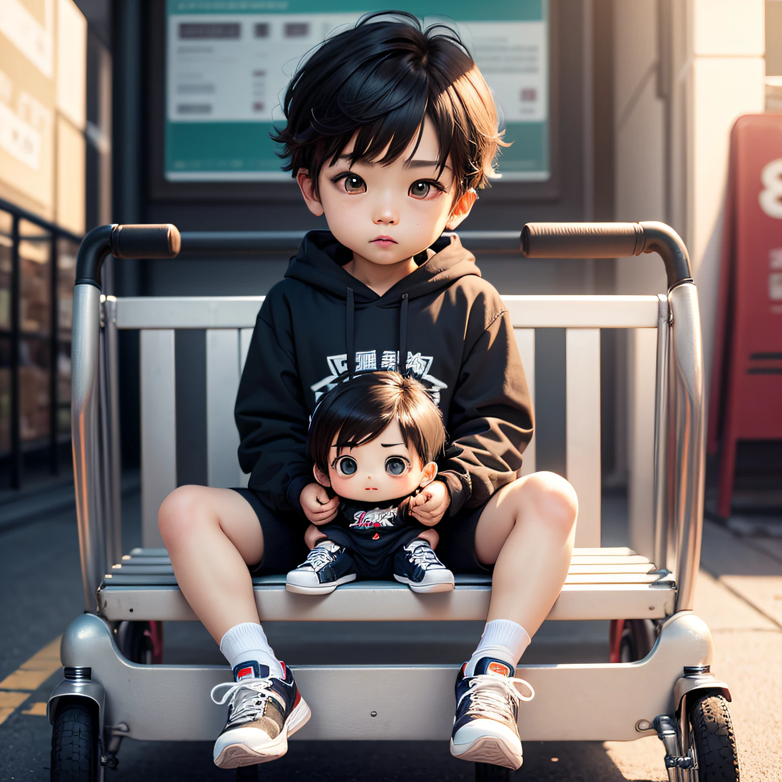 tmasterpiece、top-quality、ultra - detailed、(Chibi Chara Chinese boy:1.2)、Sit on the shopping cart、Black sweatshirt,athletic sneakers,white legwear, Brown hair,