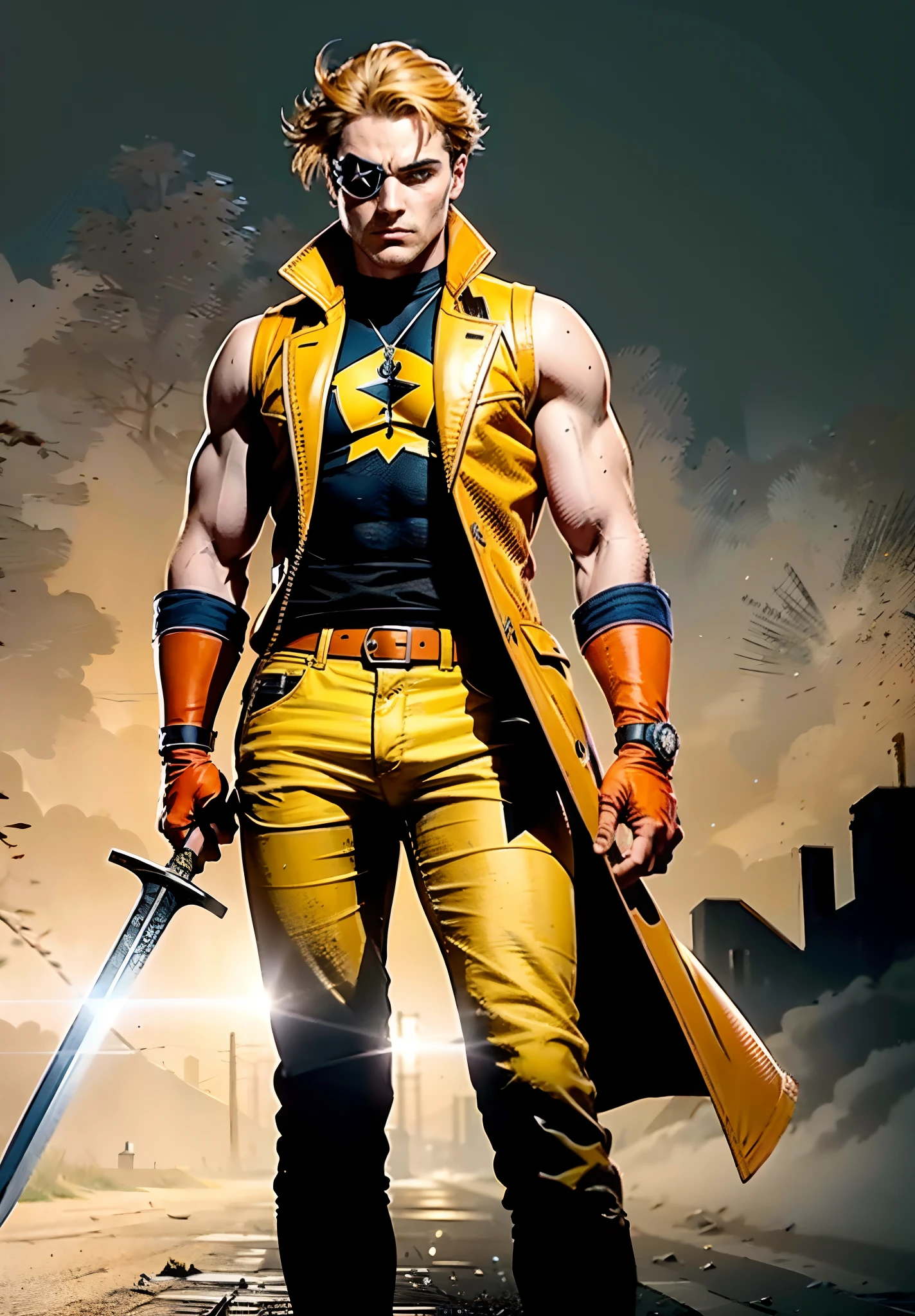 A young man with short golden hair, hair standing upright, right-eyepatch, a serious expression, a deep gaze, well-defined facial features, a two-piece sleeveless vest in a fantasy-modern style, color scheme primarily features shades of orange-red, with yellow and blue as secondary colors, wears gloves, loose-fitting utility pants, a long straight sword with a demon face decoration, the background depicts a cracked land, with rubble floating in the air, this character embodies a finely crafted fantasy-realism style one-eyed warrior in anime style, characterized by an exquisite and mature manga illustration art style, ghigh definition, best quality, highres, ultra-detailed, ultra-fine painting, extremely delicate, professional, anatomically correct, symmetrical face, extremely detailed eyes and face, high quality eyes, creativity, RAW photo, UHD, 8k, Natural light, cinematic lighting, masterpiece:1.5