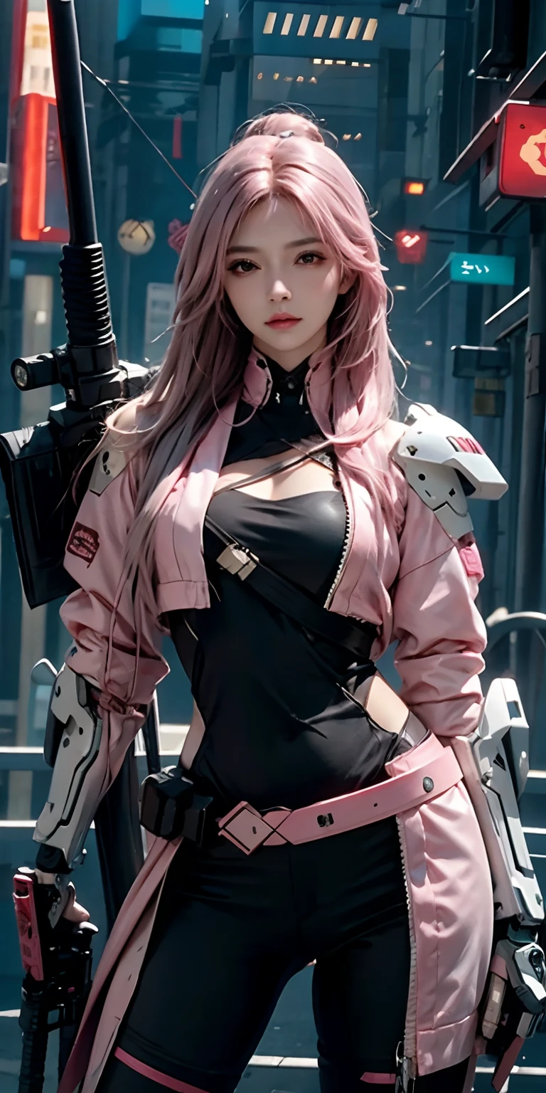 photorealistic, high resolution, soft light,1women, solo, hips up, (detailed face), pink long hair, cybersamurai, cyborg, cyberpunk,  cyber armor, holding weapon,glowing,gun, sniper, on the street