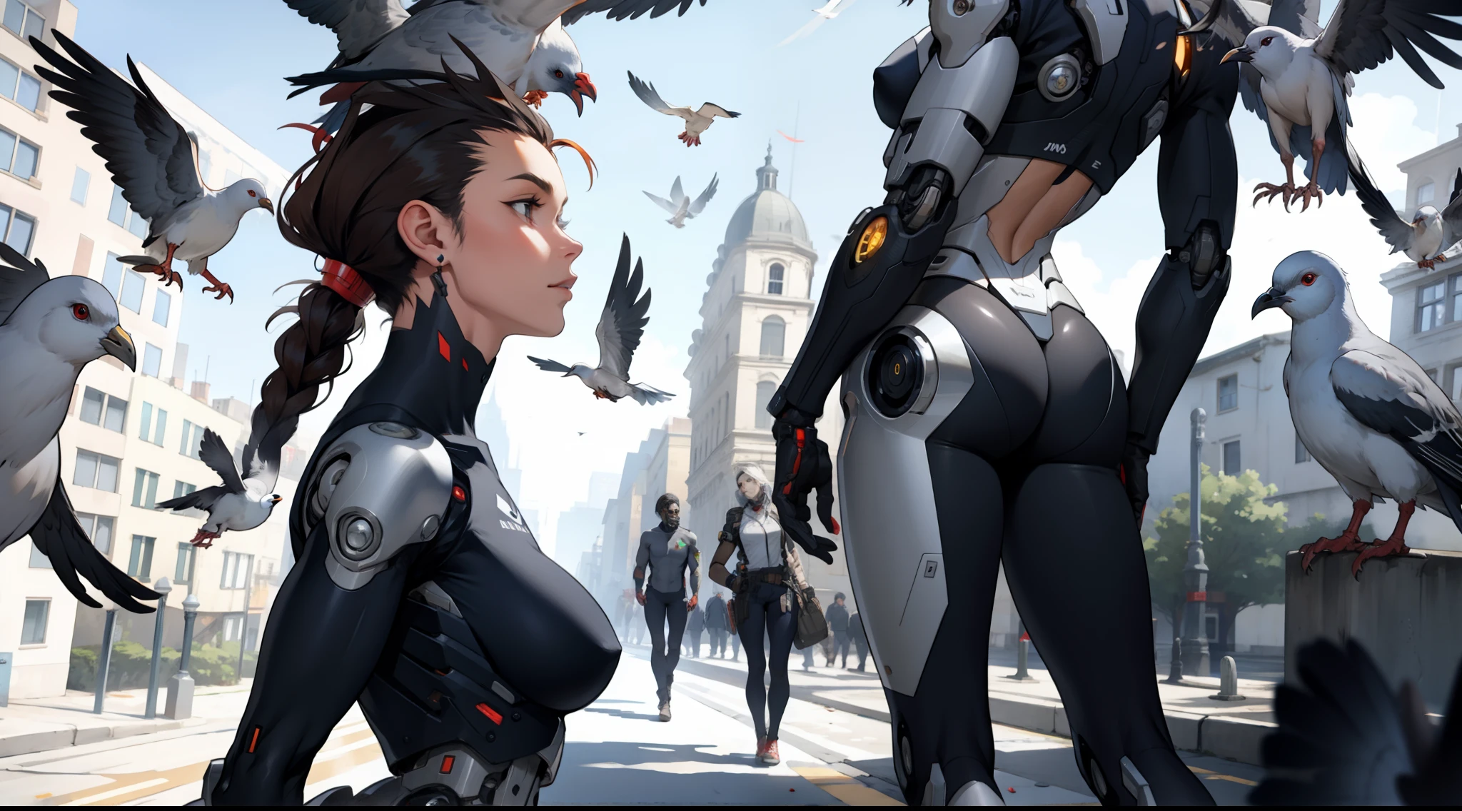 full of pigeons following a cyborg woman
