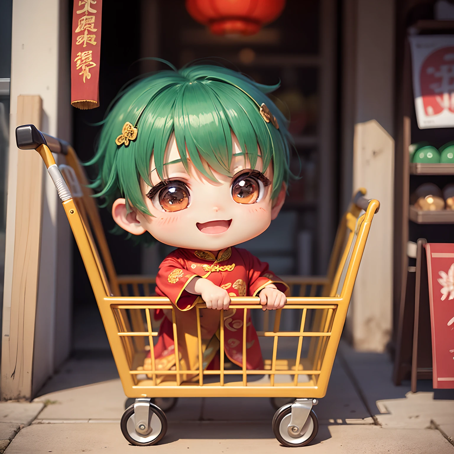 masterpiece、top-quality、ultra-detailliert、(Chibi Chara Boy in Ancient Chinese Costume:1.2)、Sit in shopping cart、Open your mouth and smile、Baldwin Street。