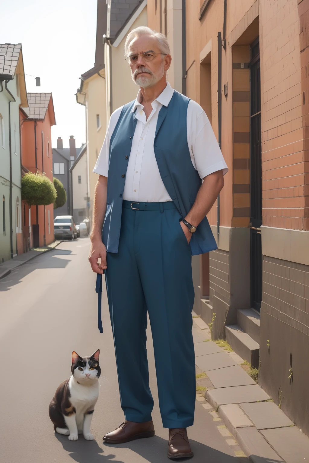 year: 2023. Location: Sweden. Pre-Raphaelite scene with a 59-year-old man, ((clean classic look)), ((grumpy)) ((strict)), watching a cat, standing in the street, terraced houses, ((((Clothing from the 2020s, shirt and trousers)))) ((Hairstyle of the 2020s)), (((in the style of "OMITB")))