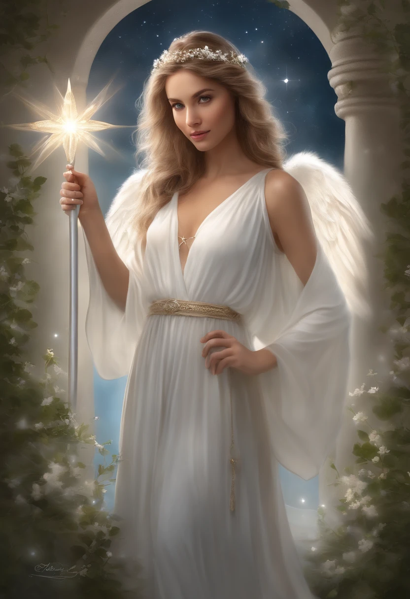 Pure Angel with a Petite Frame
Description:
Please draw a sweet, petite girl angel.
She's wearing a flowing white robe and is barefoot.
She has a radiant white halo above her head, with a gentle smile on her face.
Small white wings sprout from her back, and she holds a starry wand in her right hand.
The background is pure white, creating an atmosphere of serenity.