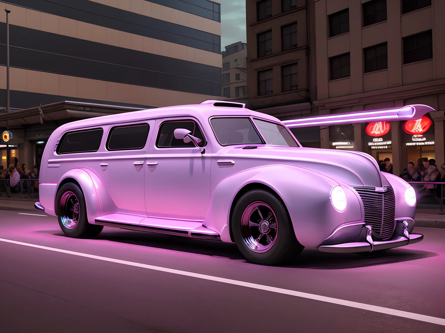 Aerodynamic futuristic concept bus gliding through a city of neon lights in a retro 1940s style, with ((trailing light streaks)) illuminating its sleek curves.