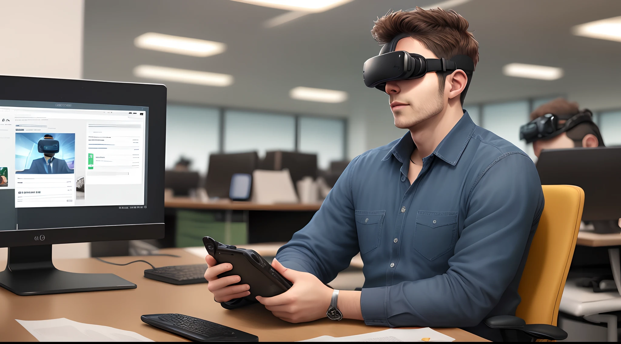 A realistic man sitting at an office desk using a smartphone, multiple conputer screens,  vr goggles, and a pager