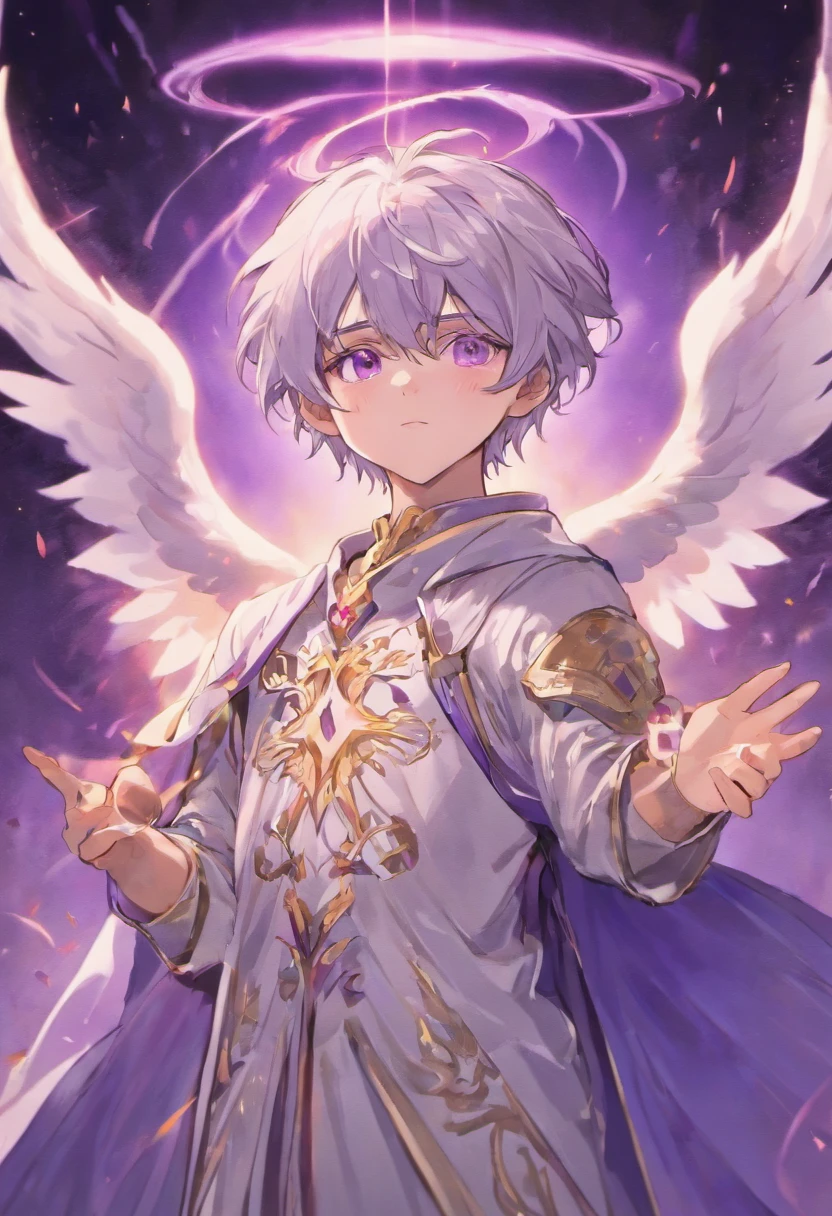 Purple-eyed silver-haired male angel,tall stature,white robes
