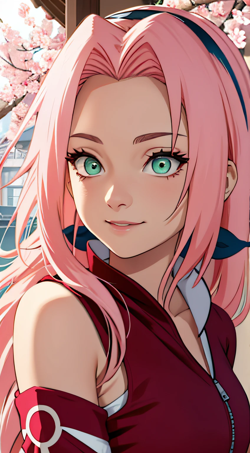 tmasterpiece， Best quality at best， 1girll， Sakura Haruno， Large breasts，Off-the-shoulder attire，（cleavage)，（upperbody closeup)，Raised sexy，is shy，ssmile，with pink hair， long whitr hair， （Green eyeballs:1.4)， Forehead protection， the cherry trees，Cherry blossoms flying，Red clothes，Zipper half