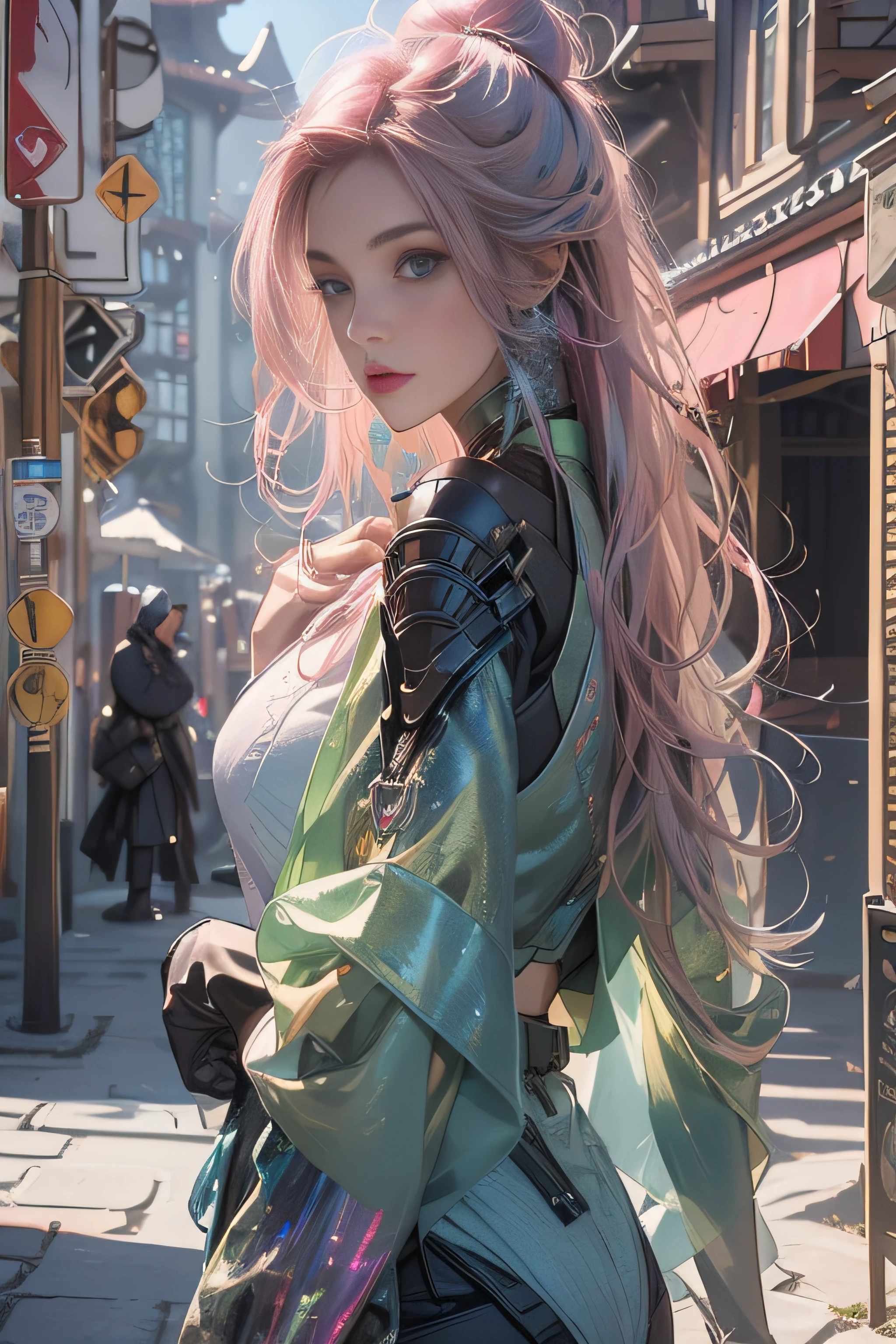 epcot,sci-fi building,A beautiful cyberpunk female image，perfectly proportions,green pupills,A pink-haired,Full body like, ((best qualtiy)), ((tmasterpiece)), (the detail:1.4), maximum definition and sharpness,Many-Layer Textures,Albedo and specular map surface shading,Accurate simulation of light-material interactions,perfectly proportions,Two-colored light,largeaperture,Low ISO,White balance,the rule of thirds,8K RAW