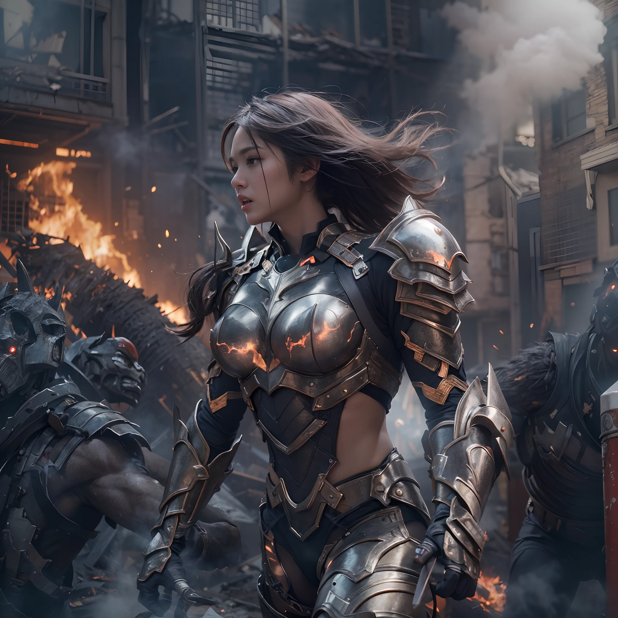 ((best quality)), ((masterpiece)), (detailed:1.3), Epic confrontation unfolding between a futuristic cyberpunk female warrior and a prehistoric mechanical beast, dynamic clash of eras, the warrior armed with advanced weaponry facing the primal creature, (timeless battle:1.4), atmospheric lighting highlighting the tension, intricate details in the characters, captured in a dramatic close up shot. [ mid closeup ]