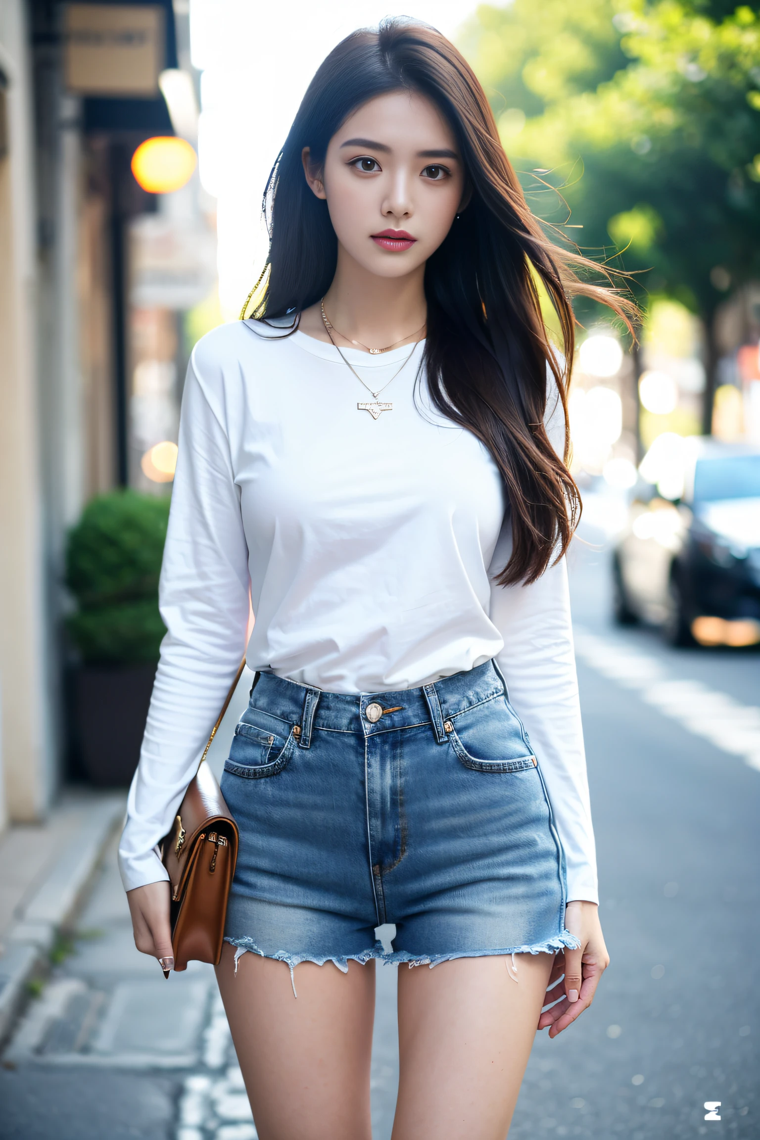 (Best quality, Complex details: 1.2,Realistic:1.2) ,A girl\(24 years old\),[Liu Yifei:0.9],(tight fitting long sleeved shirt,necklace),[UltraShort Denim shorts],disheveled hair, stand,street,