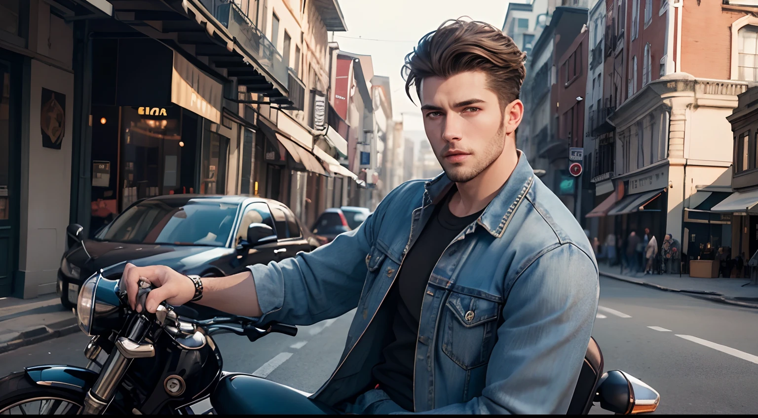 Super-realistic photoshoot of a handsome male fashion model, beautiful background, wearing denim, low key image, sharp texture, clear focus, 4k, 8k, shot with Hasselblad