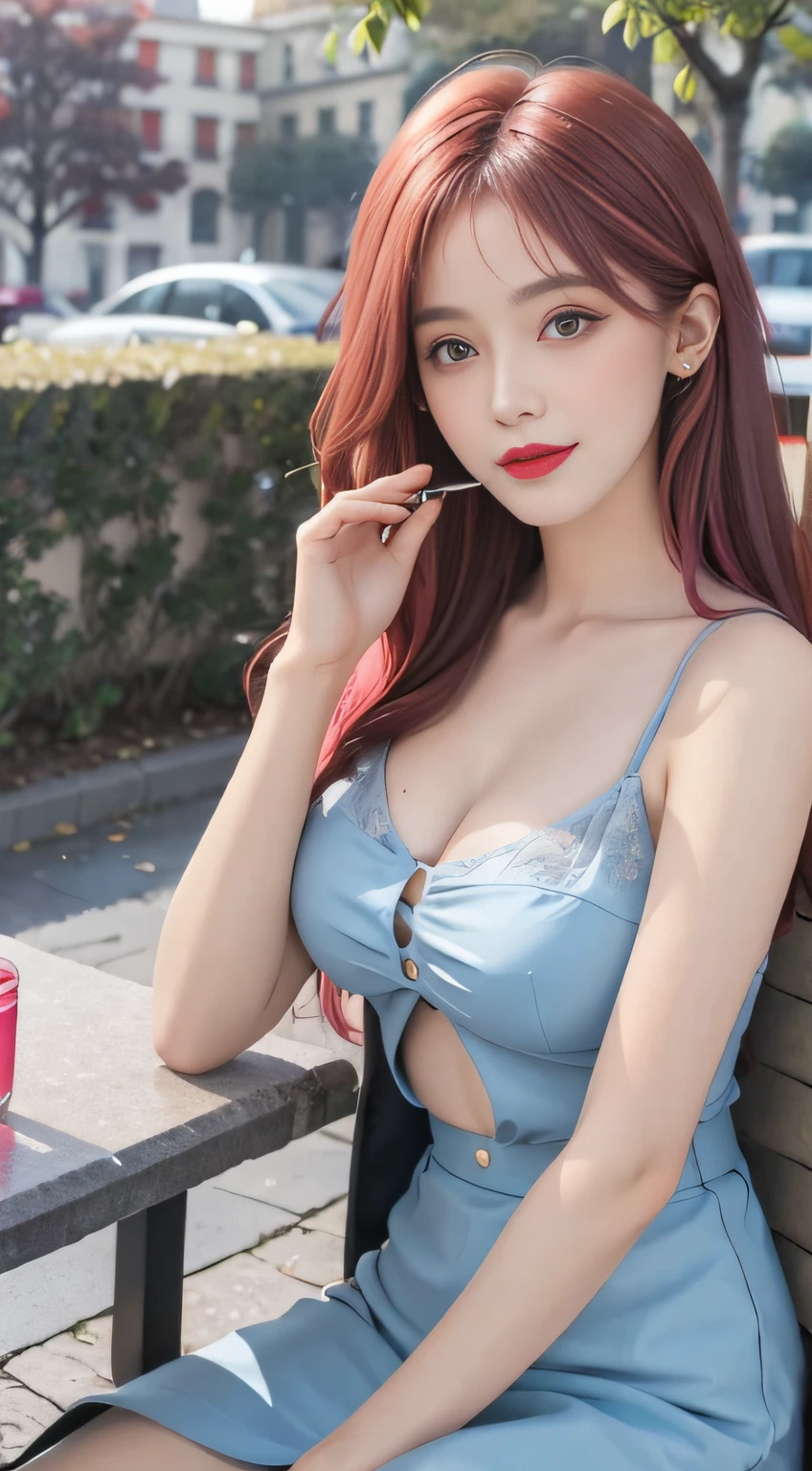 Best quality at best,Ultra-high RES,(Photorealsitic: 1.4),(Beautiful girl details: 1.4),(mediuml breasts: 0.8),Looking_at_peeping at the viewer,Detailed facial details,Beautiful detailed eyes,(multicolour | blue colors | with pink hair: 1.2) greene eyes,Slender,haunting smile,(putting makeup on: 0.4),Redlip,(full bodyesbian,sitted,trpical garden),Highly detailed clothes,(ulzang-6500-v1.1:0.3),Better - camera-1