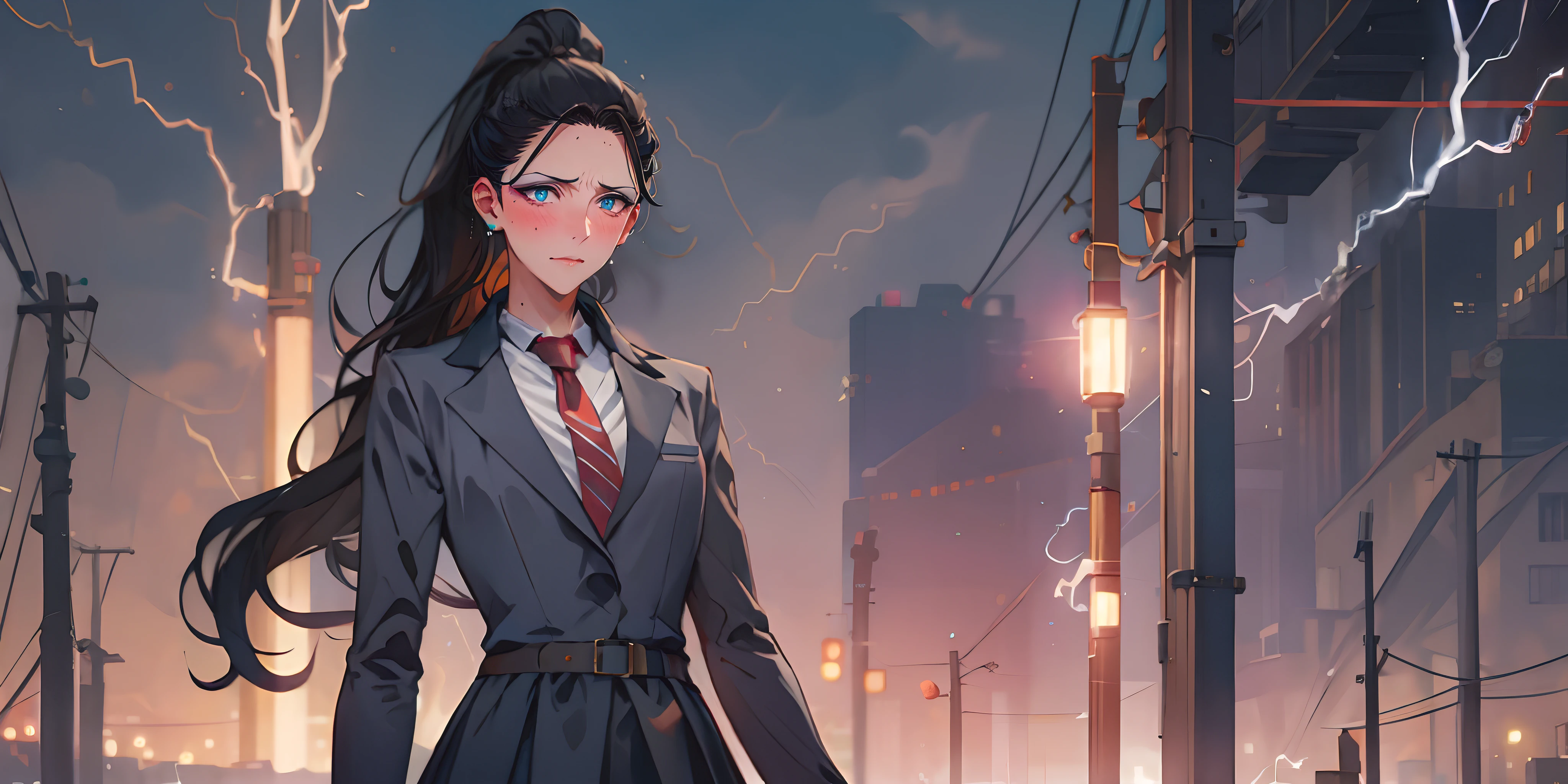 executive mishiro, (mature female:1.4), (black hair, long ponytail:1.6), embarrassed, blush face, makeup, heavy breathing, 1girl, breasts, (electricity:1.4), large_breasts, skirt, blurry, pleated_skirt, depth_of_field, gloves, belt, school_uniform, long_sleeves, solo, looking_at_viewer, blurry_background, necktie, glow effects, godrays, Hand drawn, render, 8k, octane render, cinema 4d, blender, dark, atmospheric 4k ultra detailed, cinematic, Sharp focus, big depth of field, Masterpiece, colors, 3d octane render, 4k, concept art, trending on artstation, hyperrealistic, Vivid colors, extremely detailed CG unity 8k wallpaper, trending on CGSociety, Intricate, High Detail, dramatic,