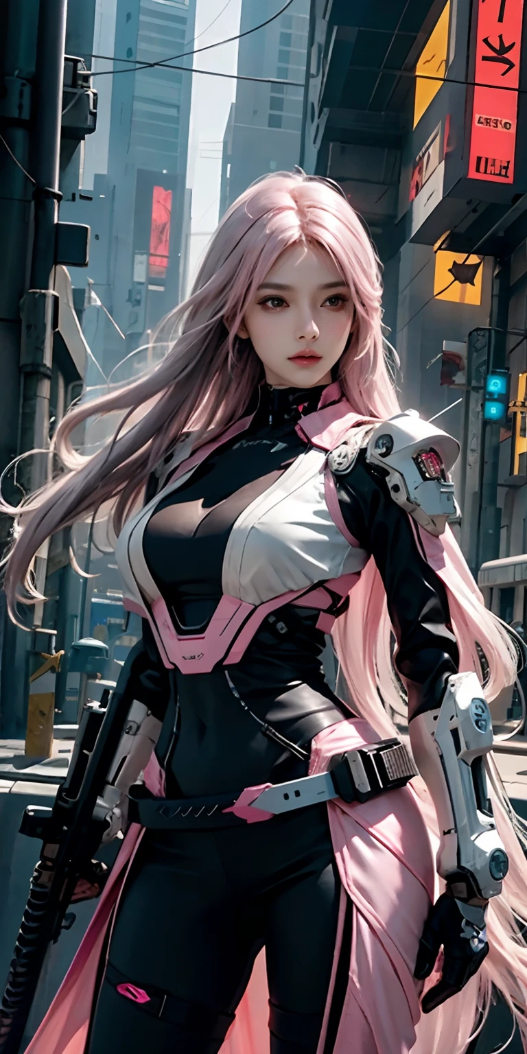 photorealistic, high resolution, soft light,1women, solo, hips up, (detailed face), pink long hair, cybersamurai, cyborg, cyberpunk, cyber armor, holding weapon,glowing,gun, sniper, on the street