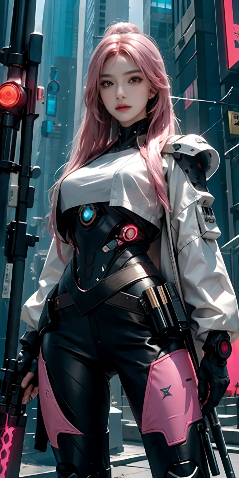 photorealistic, high resolution, soft light,1women, solo, hips up, (detailed face), pink long hair, cybersamurai, cyborg, cyberpunk,  cyber armor, holding weapon,glowing,gun, sniper, on the street