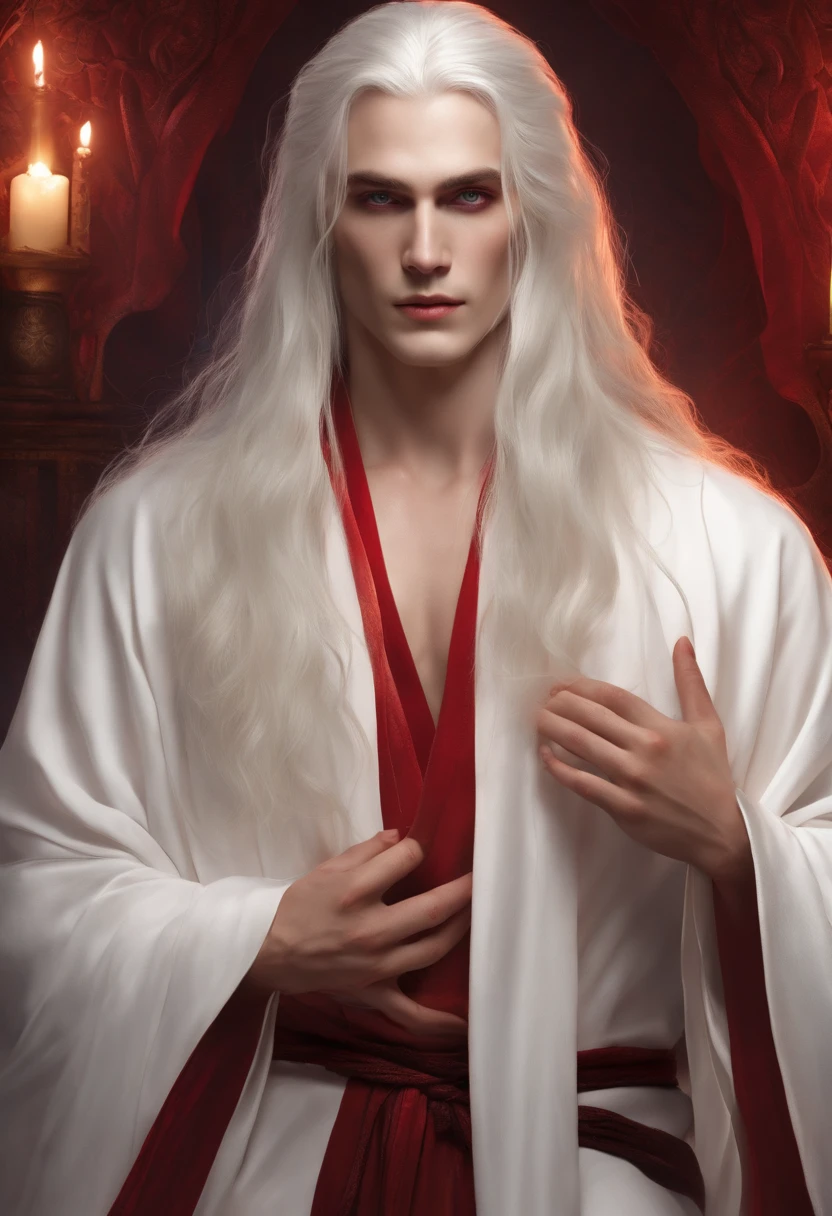 a man with long white hair,pale skin,blood ruby eyes,thin body and thin waist,wearing a white robe with red veins