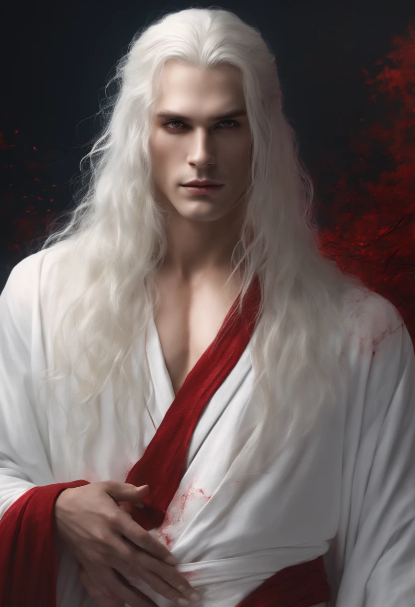 a man with long white hair,pale skin,blood ruby eyes,having a muscular body, wearing a white royale clothes with red veins